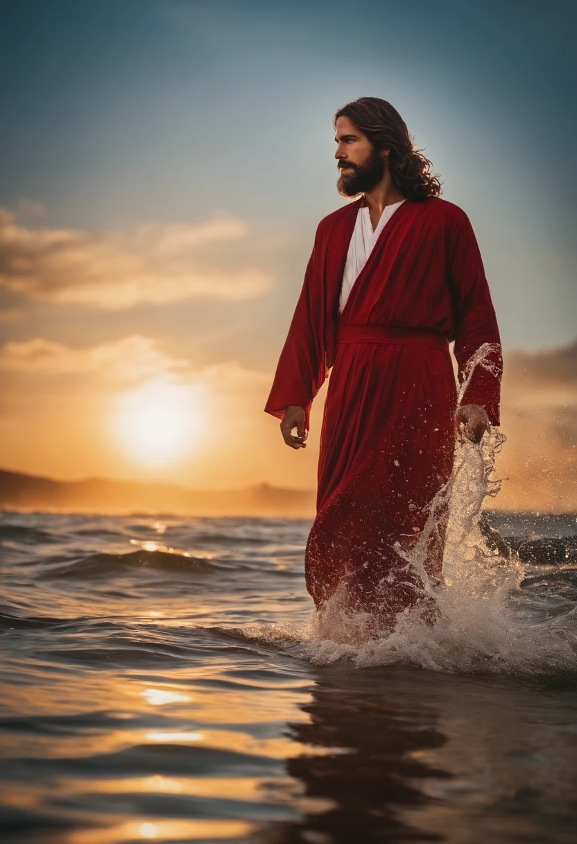 Jesus Cristo com 33 anos, usando um espinho em volta da testa, looking at the camera, walking on water