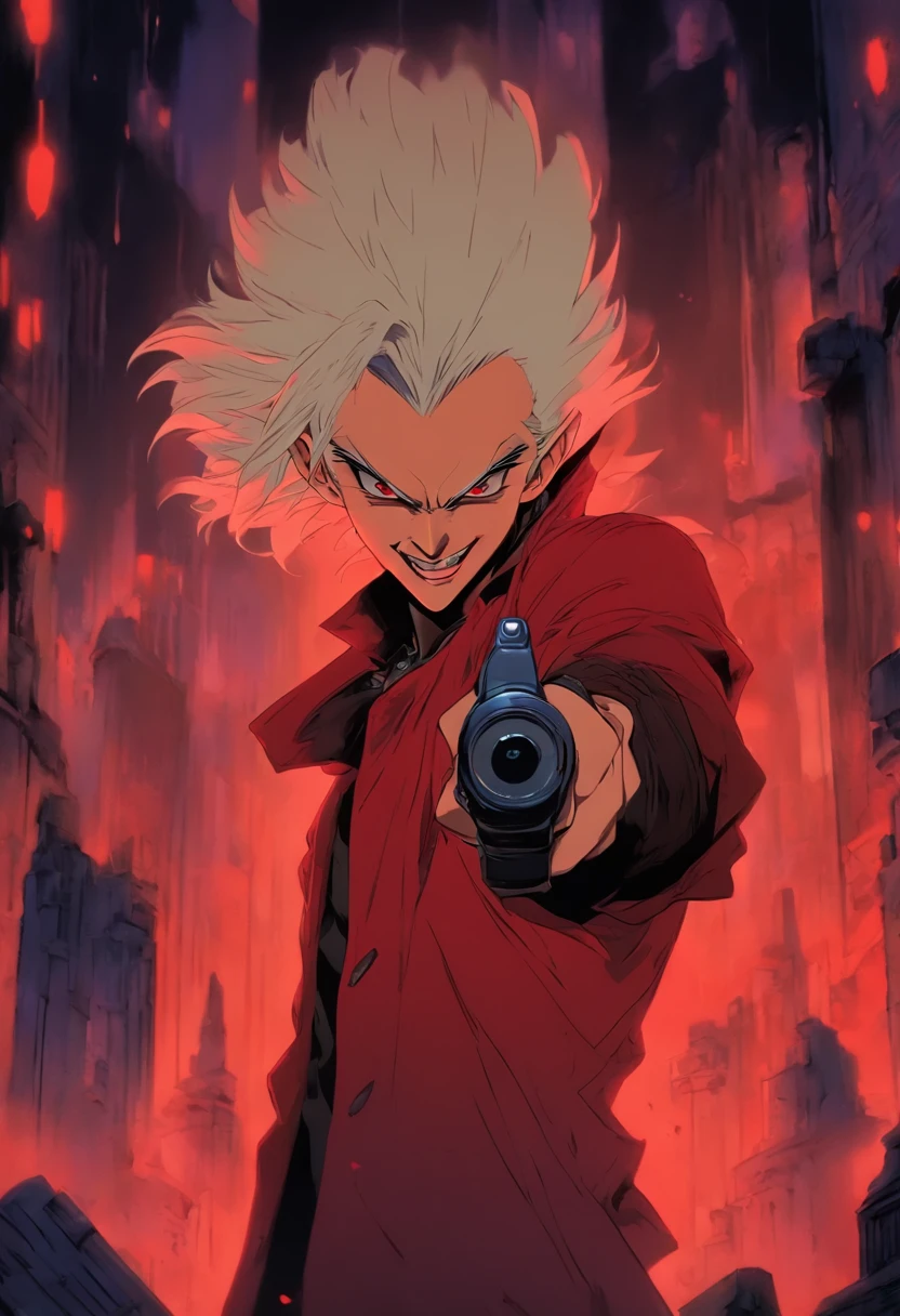 vampire white hair red eyes, he is smiling, he has red jacket, he has a gun he is shooting at camera, 80s , retro fashion, dungeon and dragons character dark fantasy digital art muted pastel colors, muted retro colors, CRT tv display by Tsukasa Hojo and Toshihiro Kawamoto --ar 3:2