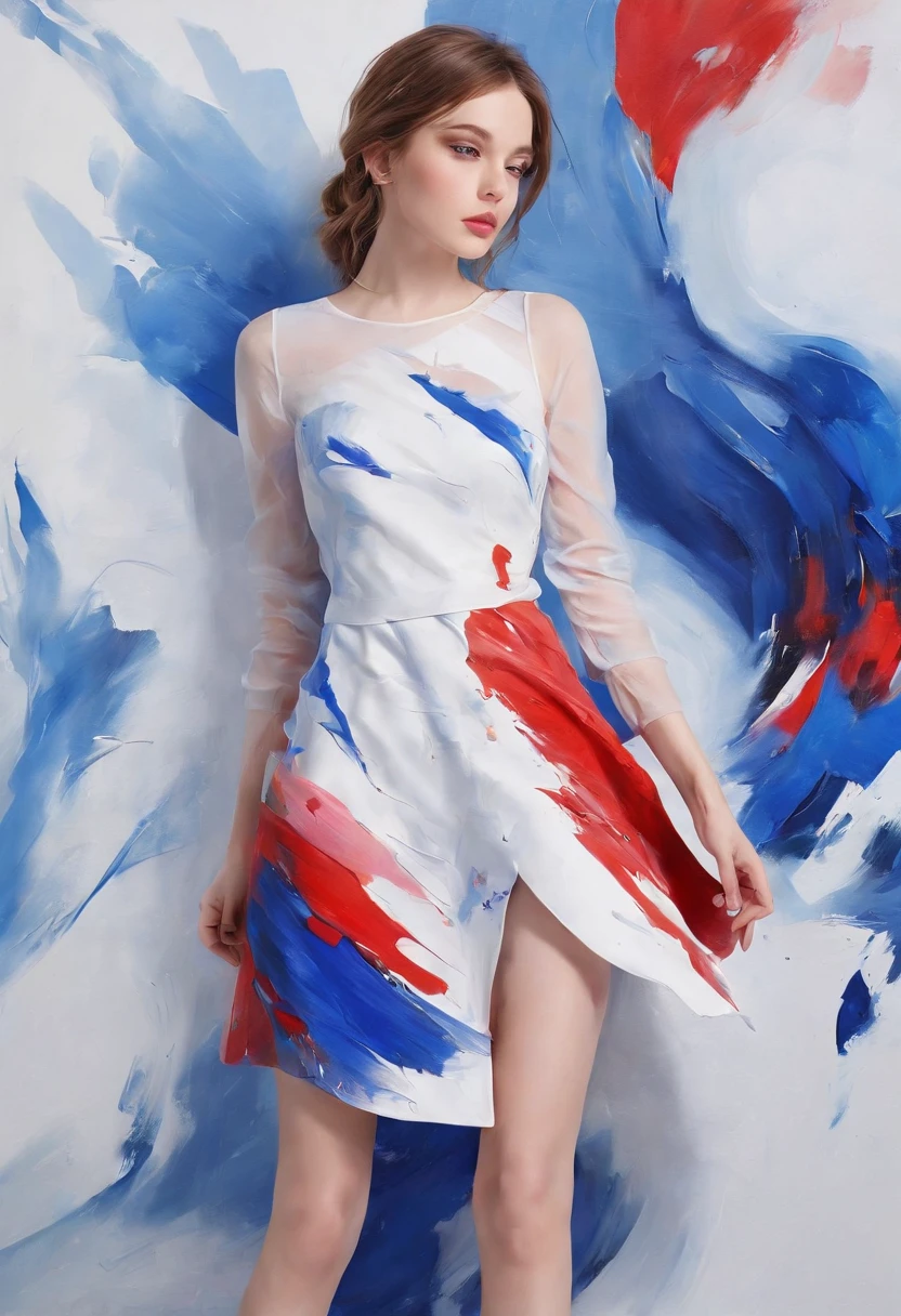 (best quality,realistic:1.37), painting of an emotional girl, snowy whimsical fantasy scene, vibrant colors of white, crimson, and royal blue mini dress, abstract shapes and lines brush strokes, poster art, emotional atmosphere. Impressive oil on canvas