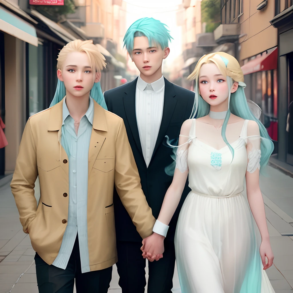 Girl in men's clothes, Ochre blonde hair, holding his hand, Second girl long mint blue hair, whitedress