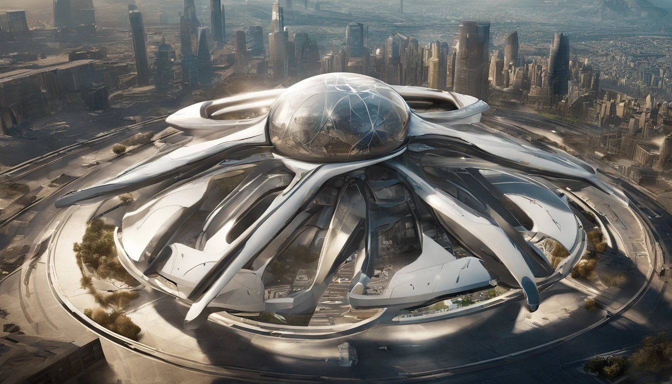 Quelle photographie，Ultra photo realsisim，hyper-detail，Image ultra grand angle，24th century，City inside a sci-fi dome，et le soleil brillait de mille feux，Tech City du futur，Oval Building，Suspended circular aircraft，Roads that lead in all directions，Highly detailed surreal VFX，Tache，Vue lointaine，super-fin，Ultra - detailed，highly quality，8k ，OC rendu，Angle de vision dynamique