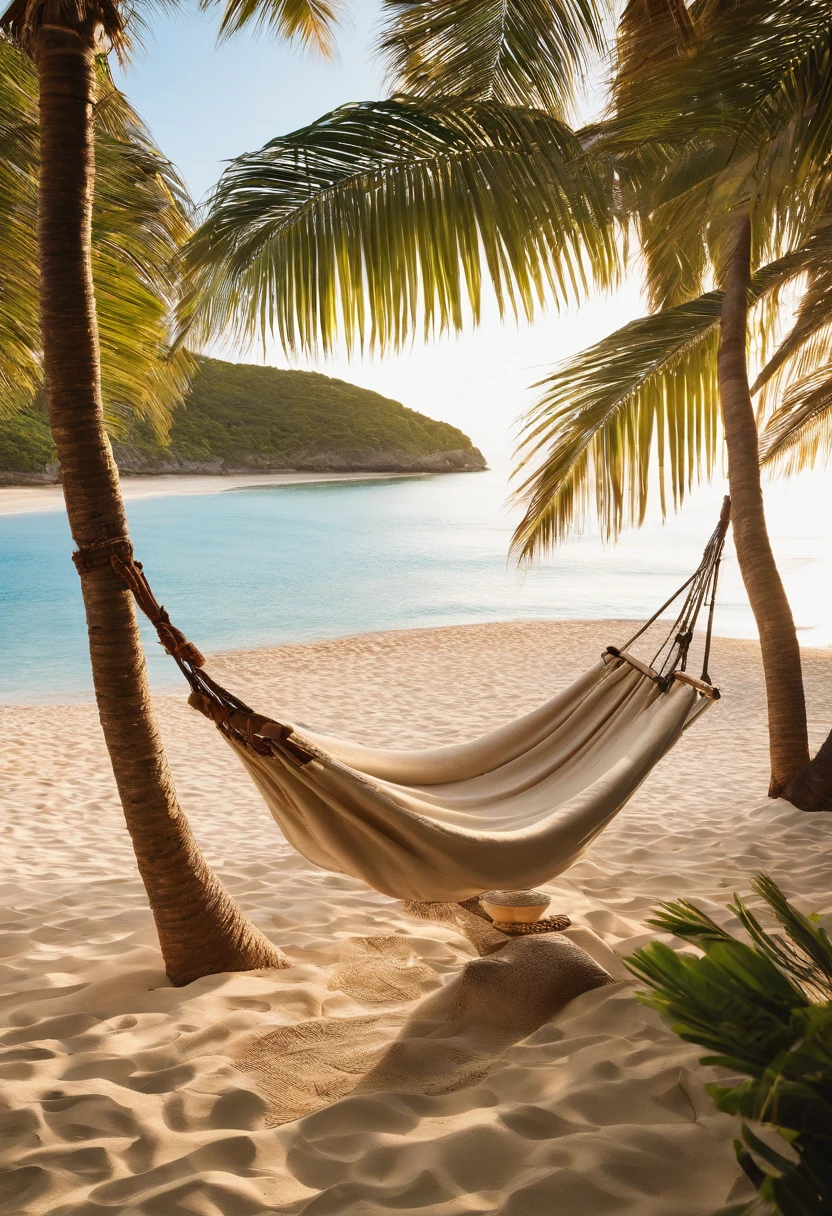 Describe a beachfront beach hammock, num quarto luxuoso e aconchegante, com vista para o oceano em um dia ensolarado. Explore os detalhes do ambiente, como a brisa marinha, the warm sand underfoot and the gentle waves that come close to the shore. Highlight the sense of relaxation and serenity that this beachfront retreat offers its occupants.