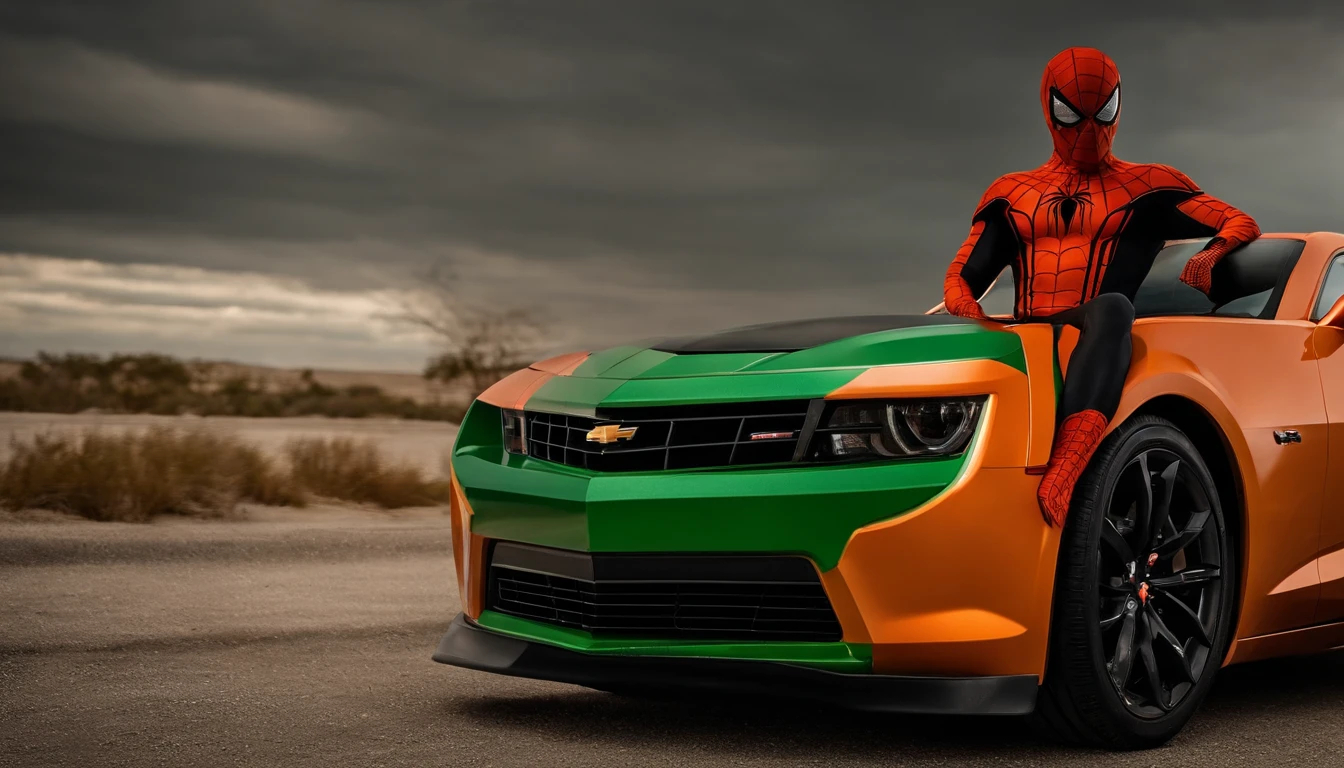 Homem aranha com roupa laranja, dirigindo um Camaro verde.