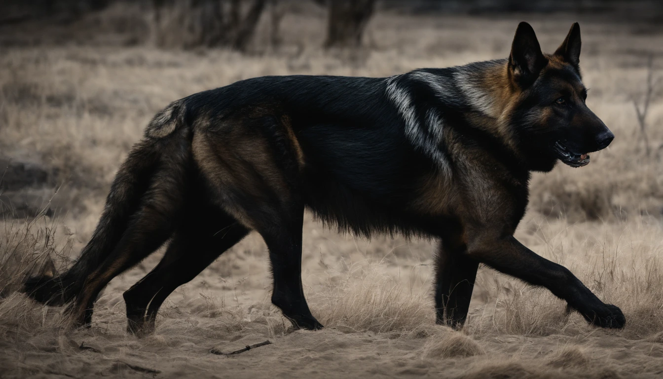 (best quality,4k,8k,highres,masterpiece:1.2),angry german shepherd,ferocious,snarling teeth,sharp claws,strong jaw,keen eyes,dark fur,determined expression,dynamic pose,detailed muscles,powerful stance,intense stare,vicious,barking aggressively,protective,suspecting,alert,aggressive body language,intimidating presence,fierce temperament,piercing gaze,dangerous canine,dominant predator,wild instincts,ready to attack,hostile,action shot,wild energy,unleashed fury,predatory instincts,muscular build,wide mouth,aggressive behavior,stalking its prey,showing dominance,in defense mode,exuding power,unyielding strength,majestic,intimidating,commanding presence,symbol of protection.