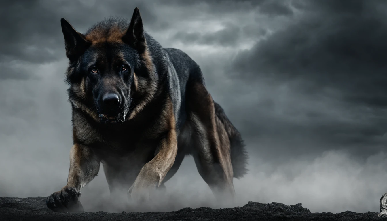 (best quality,4k,8k,highres,masterpiece:1.2),angry german shepherd,ferocious,snarling teeth,sharp claws,strong jaw,keen eyes,dark fur,determined expression,dynamic pose,detailed muscles,powerful stance,intense stare,vicious,barking aggressively,protective,suspecting,alert,aggressive body language,intimidating presence,fierce temperament,piercing gaze,dangerous canine,dominant predator,wild instincts,ready to attack,hostile,action shot,wild energy,unleashed fury,predatory instincts,muscular build,wide mouth,aggressive behavior,stalking its prey,showing dominance,in defense mode,exuding power,unyielding strength,majestic,intimidating,commanding presence,symbol of protection.
