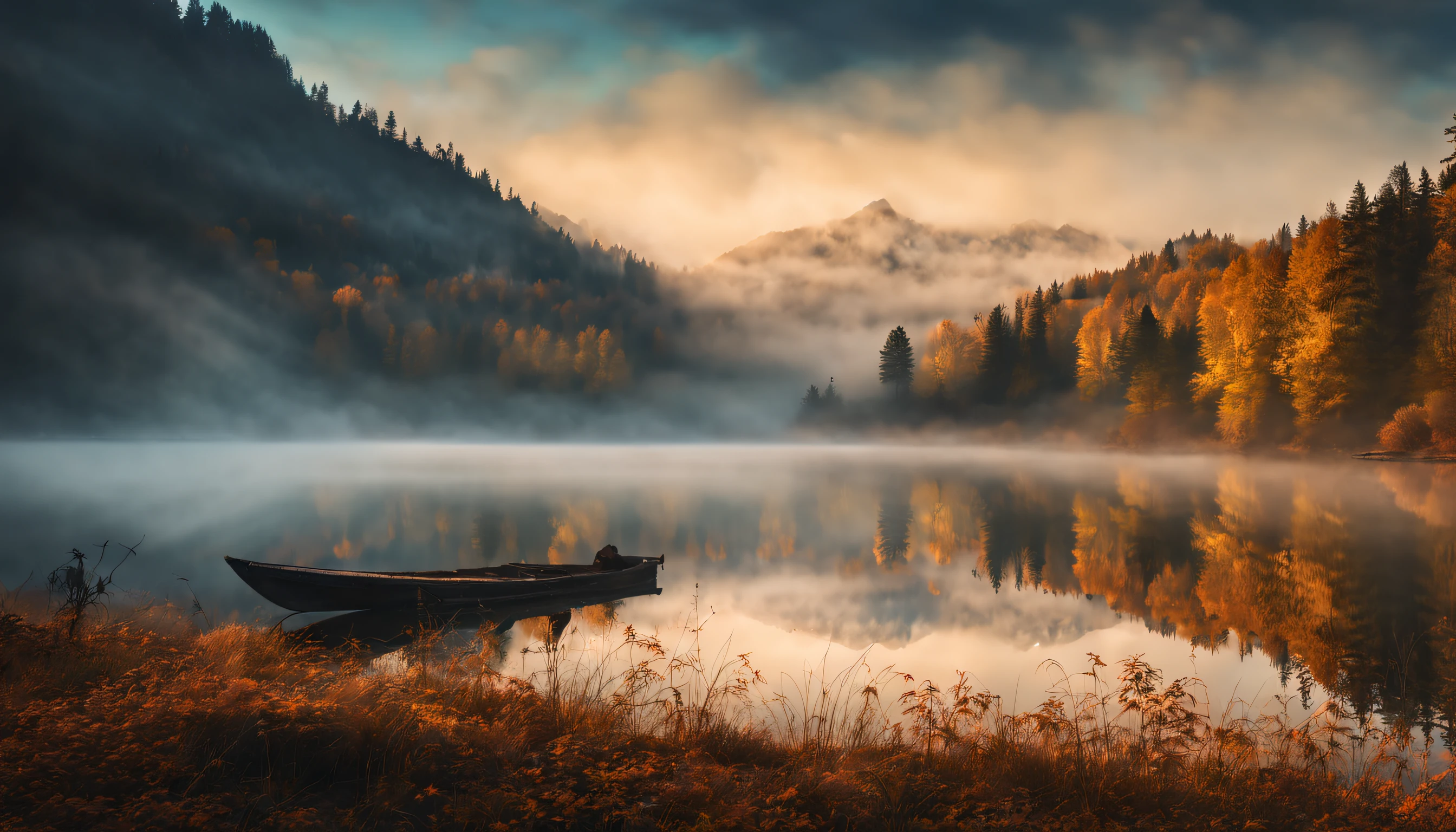 (best quality,4k,highres,masterpiece:1.2),ultra-detailed,realistic,beautiful landscape photography,mountain,lake, heavy fog, dawn, morning,mist,cinematic,log,raw,landscape photography,vivid colors,physically-based rendering,fine art bokeh,professional,hdr lighting,long shadow,serene landscape,sunrise gradient,peaceful ambiance,tranquil view,blue water reflection,subtle contrast,silhouette,ethereal atmosphere,soft lighting,calm and quiet,layered peaks,serene lake,delicate mist swirling around mountains,hint of golden morning light,crisp details on every leaf of the trees,geese gracefully gliding across the lake,moody and mysterious vibe,raw and unfiltered beauty of nature,perfect harmony between elements,visually stunning composition,stunning depth and clarity,awe-inspiring natural beauty,majestic scenery unfolding before your eyes.