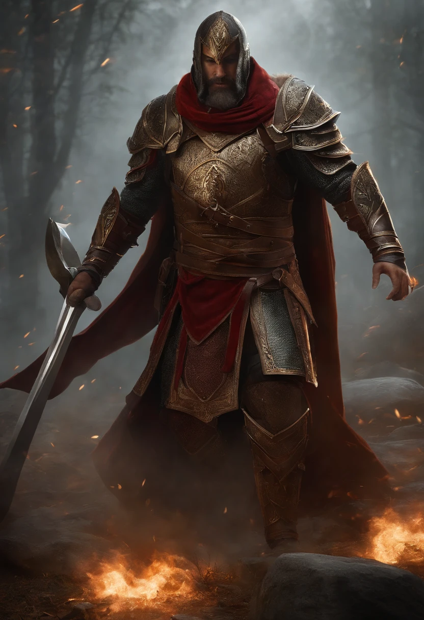 um guerreiro inquisidor idoso, mas forte, com uma armadura bem preservada, empunhando uma foice como arma, (best quality, Altas), armadura extremamente detalhada, Battle-worn appearance, olhar penetrante, focused expression, longa barba cinza, rosto desgastado, gravuras intrincadas na armadura, shiny metal surfaces, dramatic lighting, atmosfera escura e mal-humorada, Mystical aura, medieval fantasy setting, paredes de pedra envelhecidas e intemperizadas, o som de espadas e gritos ecoando ao fundo, Intense and dynamic action, Golpes poderosos, Skillful maneuvers, energia que irradia da foice, uma pitada de magia no ar, flowing cloak, Intimidating presence, Postura determinada, Ominous shadows, Sparks flying with every swing of the scythe, Sparks of fire and lightning surrounding the warrior, paleta de cores escuras com detalhes em vermelho profundo e realces dourados, (fantasia, fantasia sombria)