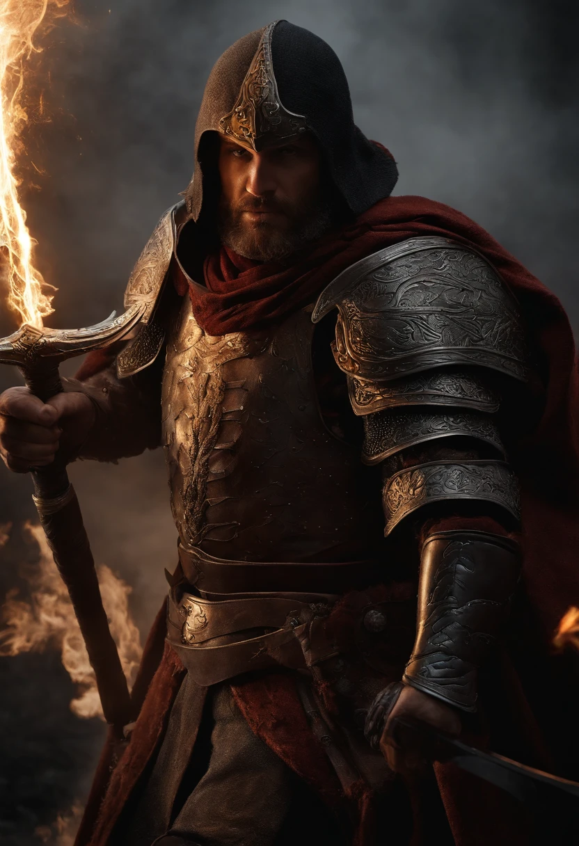 um guerreiro inquisidor idoso, mas forte, com uma armadura bem preservada, empunhando uma foice como arma, (best quality, Altas), armadura extremamente detalhada, Battle-worn appearance, olhar penetrante, focused expression, longa barba cinza, rosto desgastado, gravuras intrincadas na armadura, shiny metal surfaces, dramatic lighting, atmosfera escura e mal-humorada, Mystical aura, medieval fantasy setting, paredes de pedra envelhecidas e intemperizadas, o som de espadas e gritos ecoando ao fundo, Intense and dynamic action, Golpes poderosos, Skillful maneuvers, energia que irradia da foice, uma pitada de magia no ar, flowing cloak, Intimidating presence, Postura determinada, Ominous shadows, Sparks flying with every swing of the scythe, Sparks of fire and lightning surrounding the warrior, paleta de cores escuras com detalhes em vermelho profundo e realces dourados, (fantasia, fantasia sombria)