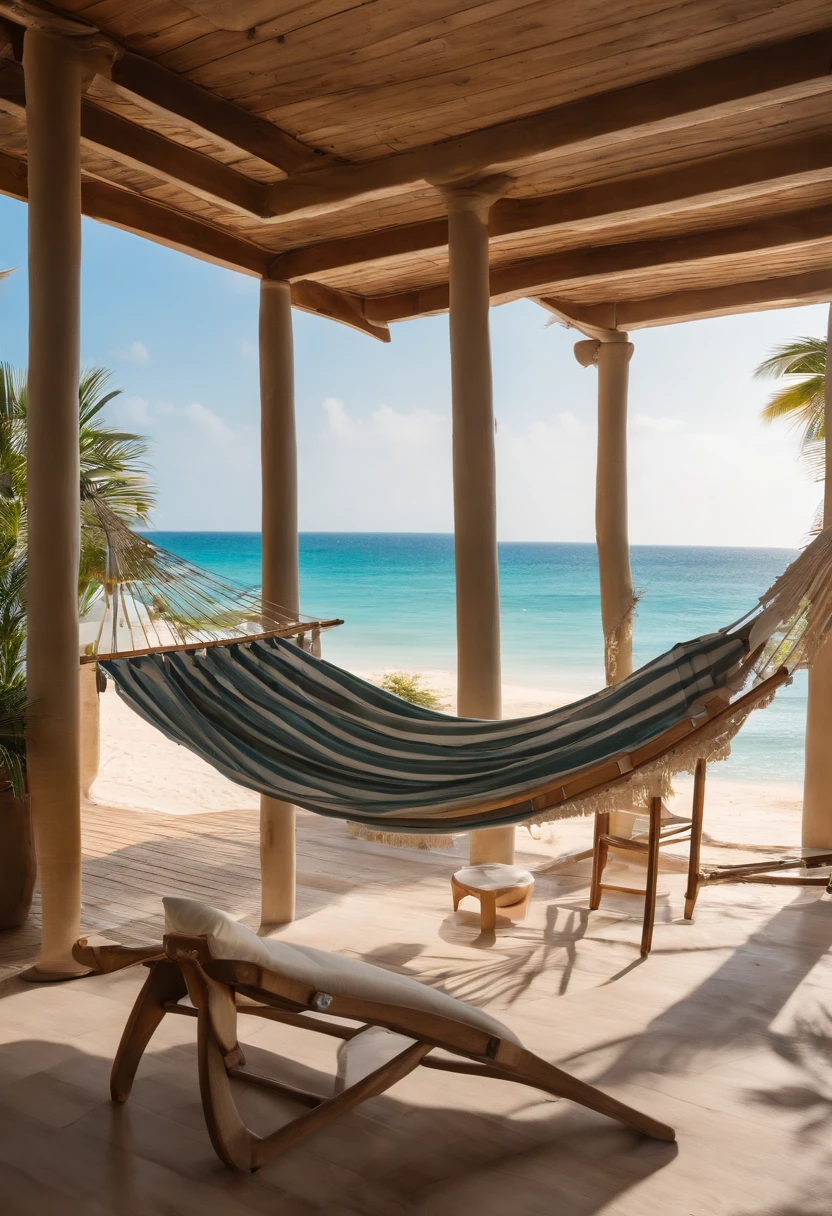 Describe a hammock on the beach balcony by the sea, num quarto luxuoso e aconchegante, com vista para o oceano em um dia ensolarado. Explore os detalhes do ambiente, como a brisa marinha, the warm sand underfoot and the gentle waves that come close to the shore. Highlight the sense of relaxation and serenity that this beachfront retreat offers its occupants.