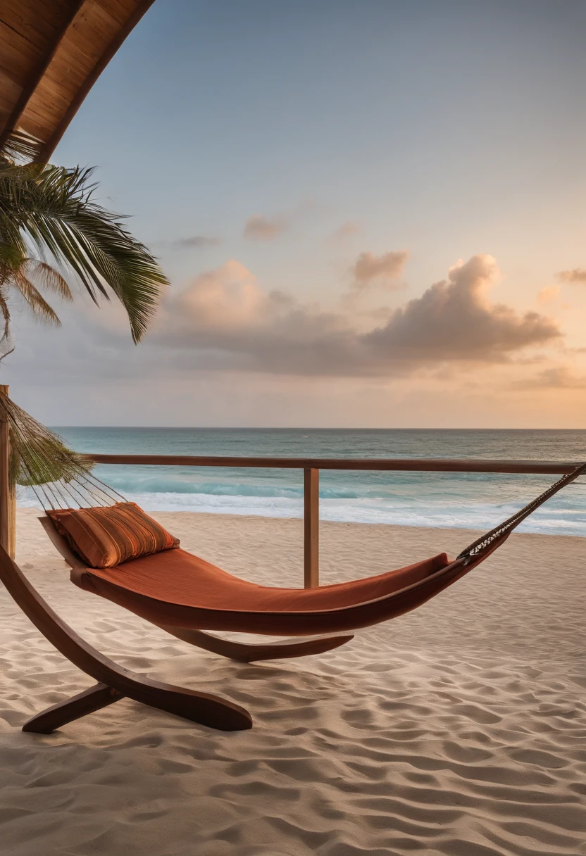 Describe a hammock on the beach balcony by the sea, num quarto luxuoso e aconchegante, com vista para o oceano em um dia ensolarado. Explore os detalhes do ambiente, como a brisa marinha, the warm sand underfoot and the gentle waves that come close to the shore. Highlight the sense of relaxation and serenity that this beachfront retreat offers its occupants.