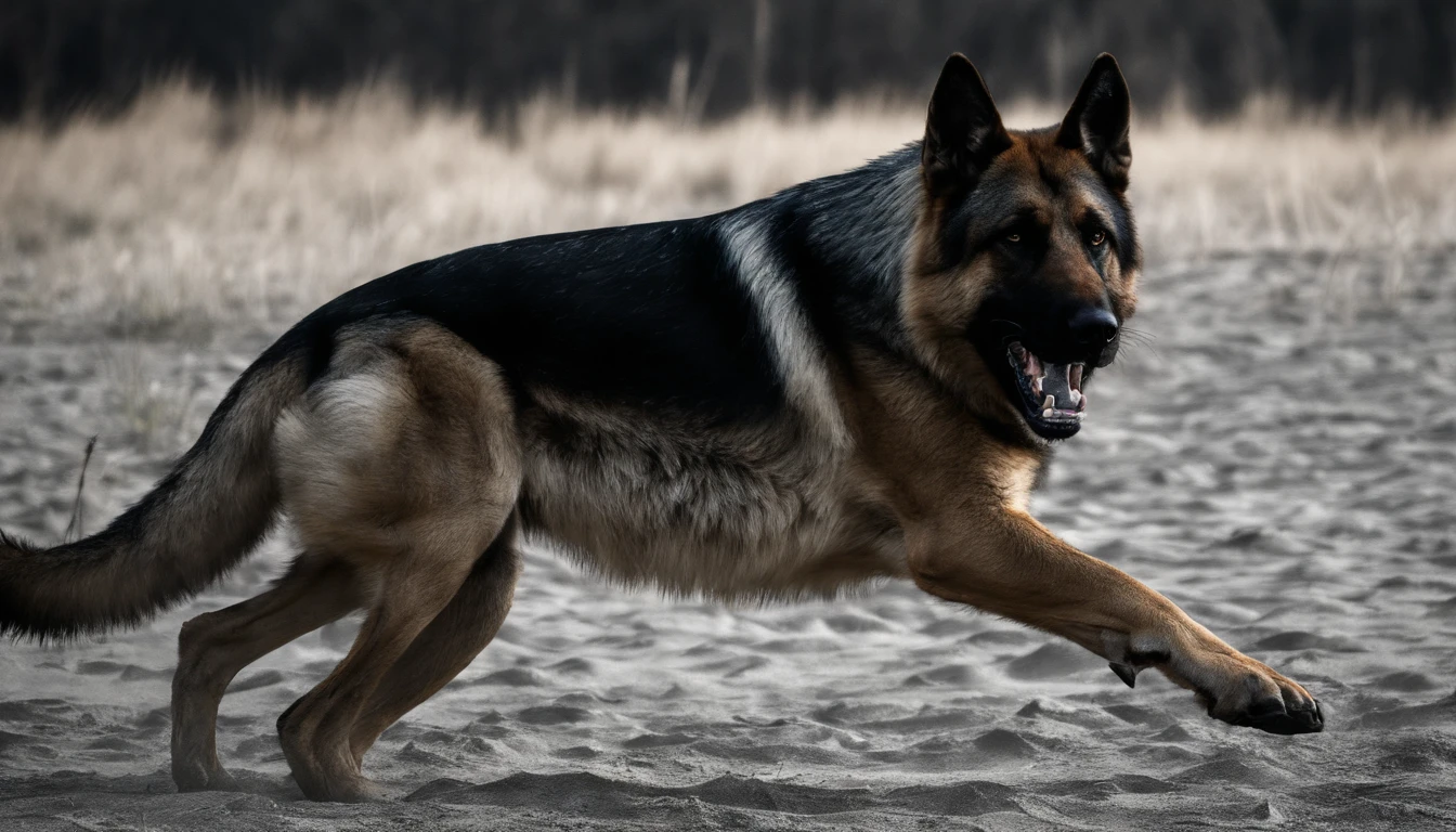 (best quality,4k,8k,highres,masterpiece:1.2),angry german shepherd,ferocious,snarling teeth,sharp claws,strong jaw,keen eyes,dark fur,determined expression,dynamic pose,detailed muscles,powerful stance,intense stare,vicious,barking aggressively,protective,suspecting,alert,aggressive body language,intimidating presence,fierce temperament,piercing gaze,dangerous canine,dominant predator,wild instincts,ready to attack,hostile,action shot,wild energy,unleashed fury,predatory instincts,muscular build,wide mouth,aggressive behavior,stalking its prey,showing dominance,in defense mode,exuding power,unyielding strength,majestic,intimidating,commanding presence,symbol of protection.