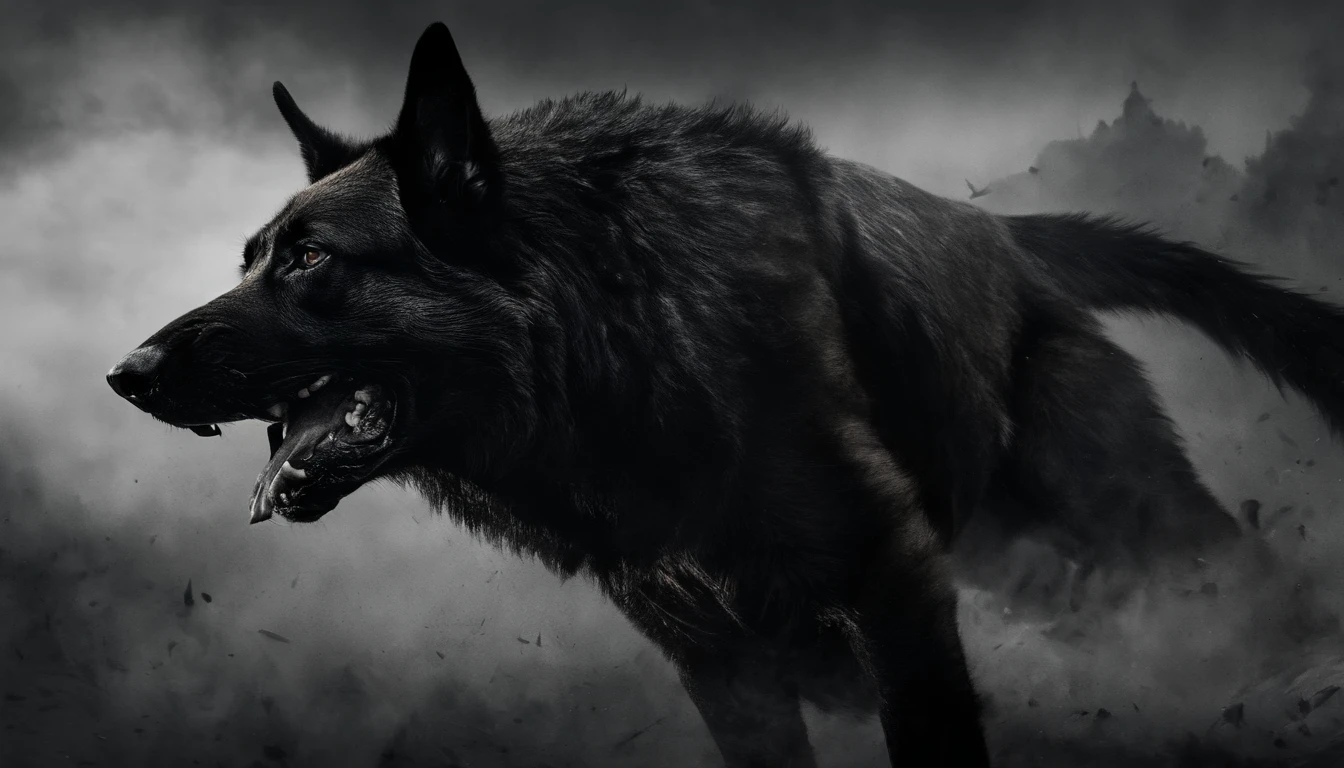 (best quality,4k,8k,highres,masterpiece:1.2),angry german shepherd,ferocious,snarling teeth,sharp claws,strong jaw,keen eyes,dark fur,determined expression,dynamic pose,detailed muscles,powerful stance,intense stare,vicious,barking aggressively,protective,suspecting,alert,aggressive body language,intimidating presence,fierce temperament,piercing gaze,dangerous canine,dominant predator,wild instincts,ready to attack,hostile,action shot,wild energy,unleashed fury,predatory instincts,muscular build,wide mouth,aggressive behavior,stalking its prey,showing dominance,in defense mode,exuding power,unyielding strength,majestic,intimidating,commanding presence,symbol of protection.