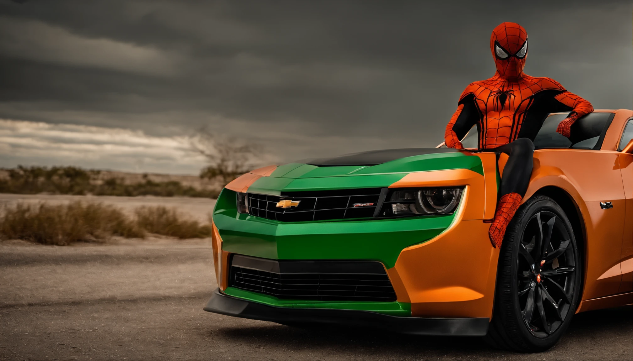 Homem aranha com roupa laranja, dirigindo um Camaro verde.