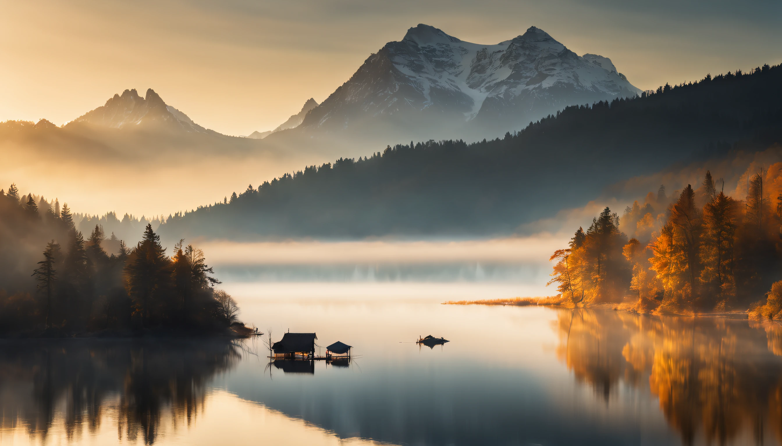 (best quality,4k,highres,masterpiece:1.2),ultra-detailed,realistic,beautiful landscape photography,mountain,lake, heavy fog, dawn, morning,mist,cinematic,log,raw,landscape photography,vivid colors,physically-based rendering,fine art bokeh,professional,hdr lighting,long shadow,serene landscape,sunrise gradient,peaceful ambiance,tranquil view,blue water reflection,subtle contrast,silhouette,ethereal atmosphere,soft lighting,calm and quiet,layered peaks,serene lake,delicate mist swirling around mountains,hint of golden morning light,crisp details on every leaf of the trees,geese gracefully gliding across the lake,moody and mysterious vibe,raw and unfiltered beauty of nature,perfect harmony between elements,visually stunning composition,stunning depth and clarity,awe-inspiring natural beauty,majestic scenery unfolding before your eyes.