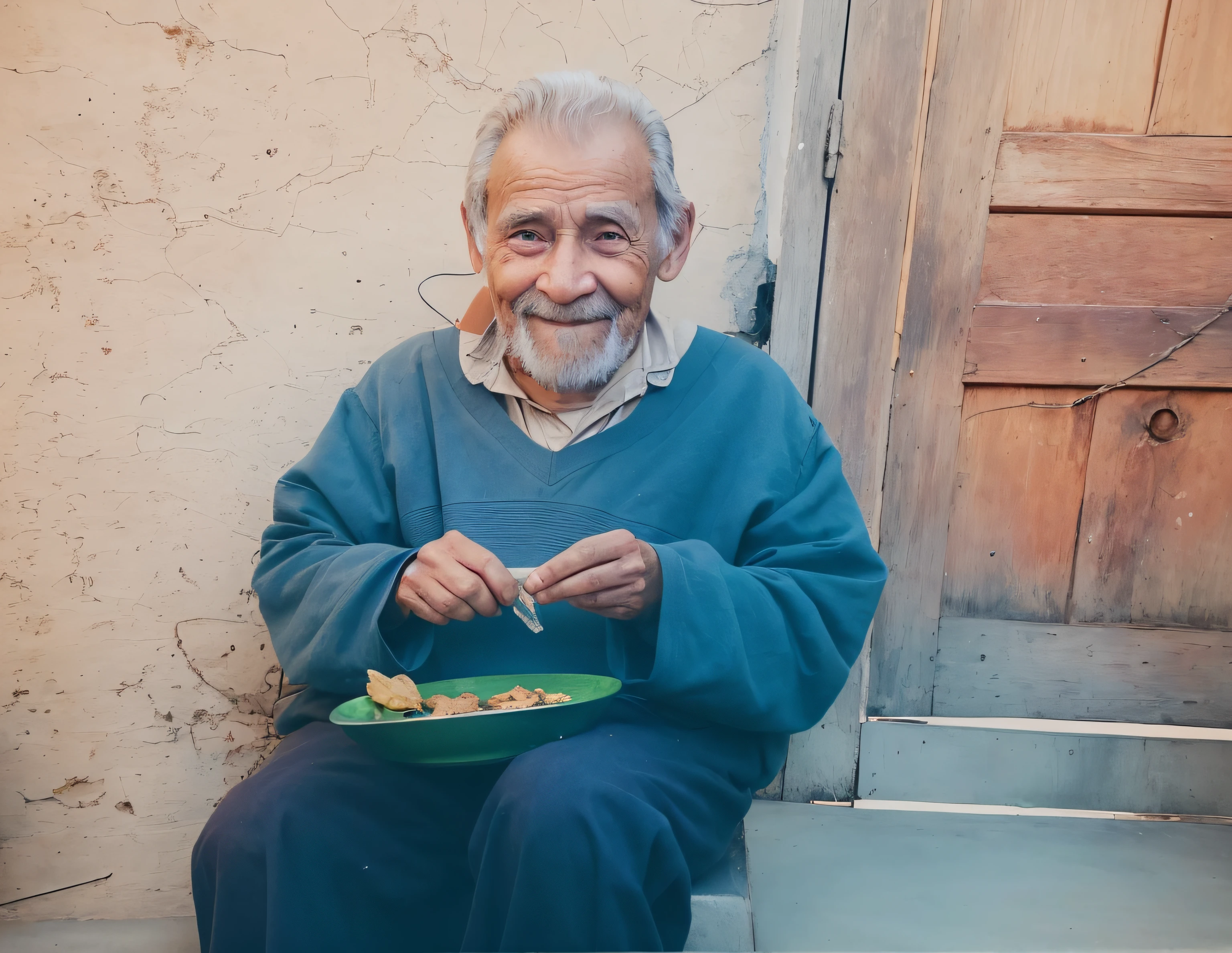 There is a man sitting on a step with a plate of food, he is about 8 0 years old, he is about 7 0 years old, he's about 60 years old, he's about 6 0 years old, Old man doing with mask, he's about 5 0 years old, he's about 50 years old, he is very happy
