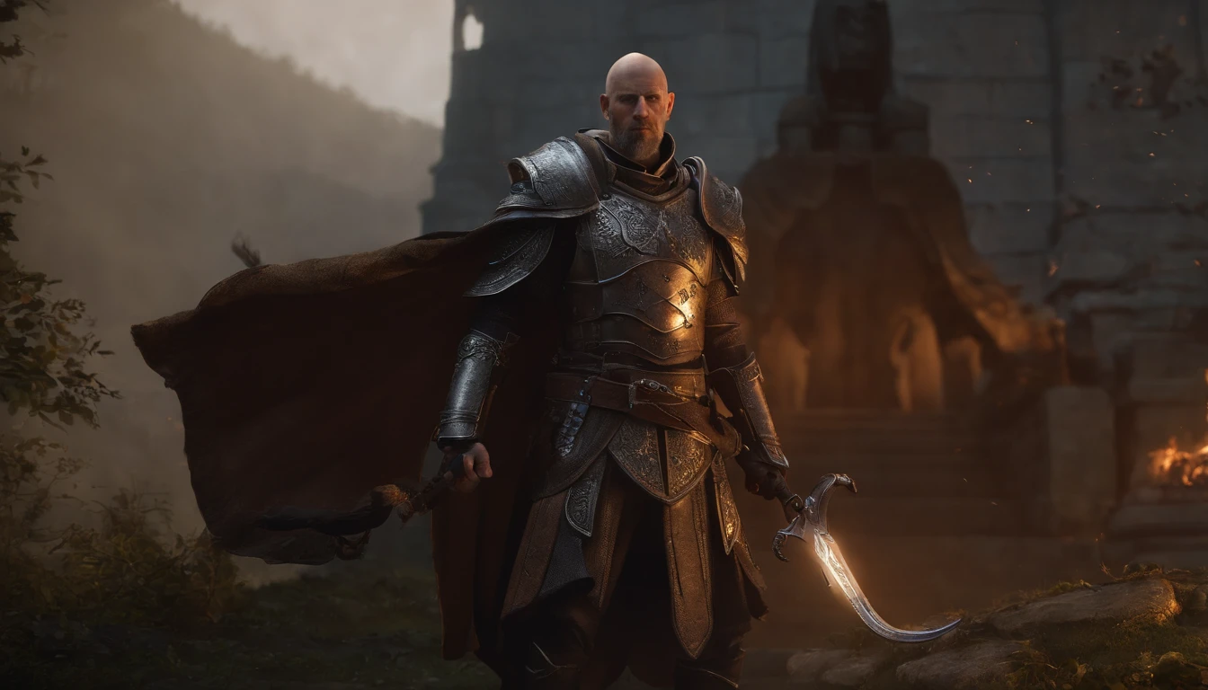 An elderly but strong inquisitor warrior, with a well-preserved armor, wielding a scythe as a weapon. (best quality, 4k, highres, masterpiece:1.2), ultra-detailed (realistic:1.37), HDR, studio lighting, sharp focus, physically-based rendering, extreme detail description, professional, vivid colors, bokeh, portraits, balanced warm and cool colors, dramatic lighting. 

For the scene details:
- The inquisitor stands tall, with a commanding presence, exuding experience and wisdom.
- His armor is made of polished steel, with intricate engravings and fine craftsmanship.
- The scythe in his hand is menacing, decorated with dark symbols, reflecting his role as an inquisitor of the shadows.
- Surrounding the warrior is a dimly lit chamber, casting dramatic shadows and highlighting the textures of the armor.
- A faint glow emanates from his eyes, hinting at his otherworldly powers.
- Wisps of smoke curl around his feet, portraying a sense of mystery and power.
- The background showcases ancient ruins, covered in moss and vines, adding a sense of history and age.
- The lighting casts rays of light through cracks and openings, creating a somber yet awe-inspiring atmosphere.
- His face bears the marks of a life lived, with weathered skin and a stern expression, evoking a sense of determination and resilience.
- The color palette is a mix of deep blues and vibrant oranges, contrasting the cold and calculating nature of the inquisitor with the warmth of his inner strength.
- The overall composition is carefully balanced, with the inquisitor positioned centrally, conveying his importance and unwavering resolve.

Please note that the above prompt is an example and can be adjusted or modified to fit the preferences and requirements of Stable Diffusion. Feel free to add or remove details as you see fit.