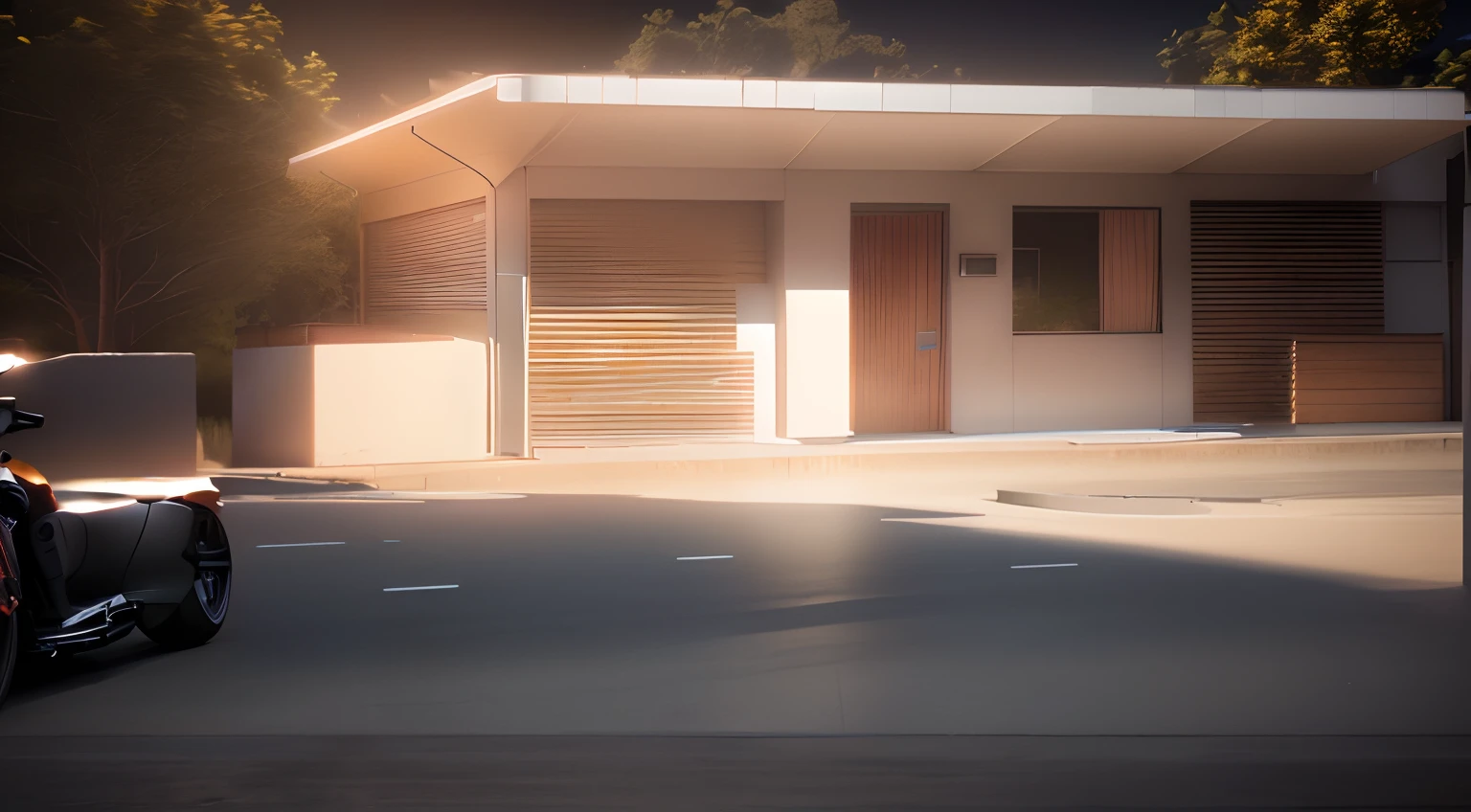 There is a small building with a motorcycle parked in front, renderizado no lumion pro, semi-realistic rendering, fotorrealista 35mm, realista estabelecendo tiro, ((Realistic lighting in the class)), renderizado em lumion, estilo fotorrealista, pintado em anime painter studio, Arruamento fotorrealista, realista estilo 3d, Estilo anime 3D realista