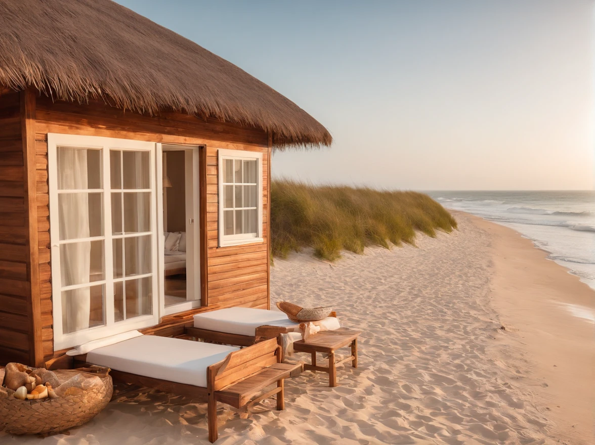 Describe a beachfront beach hut, num quarto luxuoso e aconchegante, com vista para o oceano em um dia ensolarado. Explore os detalhes do ambiente, como a brisa marinha, the warm sand underfoot and the gentle waves that come close to the shore. Highlight the sense of relaxation and serenity that this beachfront retreat offers its occupants.