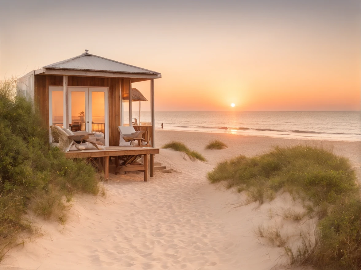 Describe a beachfront beach hut, num quarto luxuoso e aconchegante, com vista para o oceano em um dia ensolarado. Explore os detalhes do ambiente, como a brisa marinha, the warm sand underfoot and the gentle waves that come close to the shore. Highlight the sense of relaxation and serenity that this beachfront retreat offers its occupants.