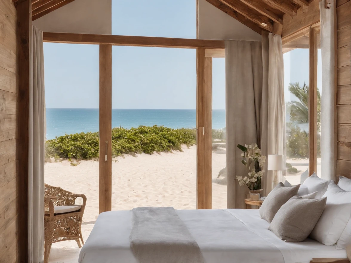 Describe a beachfront beach hut, num quarto luxuoso e aconchegante, com vista para o oceano em um dia ensolarado. Explore os detalhes do ambiente, como a brisa marinha, the warm sand underfoot and the gentle waves that come close to the shore. Highlight the sense of relaxation and serenity that this beachfront retreat offers its occupants.