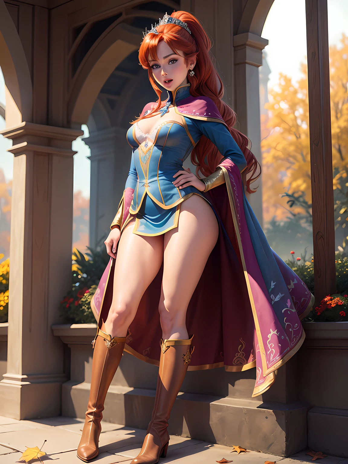 anna, disney frozen movie, beautiful detailed eyes, beautiful detailed lips, extremely detailed eyes and face, long eyelashes, beautiful slender body, beautiful tits, small waist, beautiful legs, red hair, ponytail, gold tiara, open mouth, royal, highres, ultra-detailed, realistic:1.37, vivid colors, sharp focus, shining aura, garden in the background, wearing coat, wearing high boots, autumn leaf