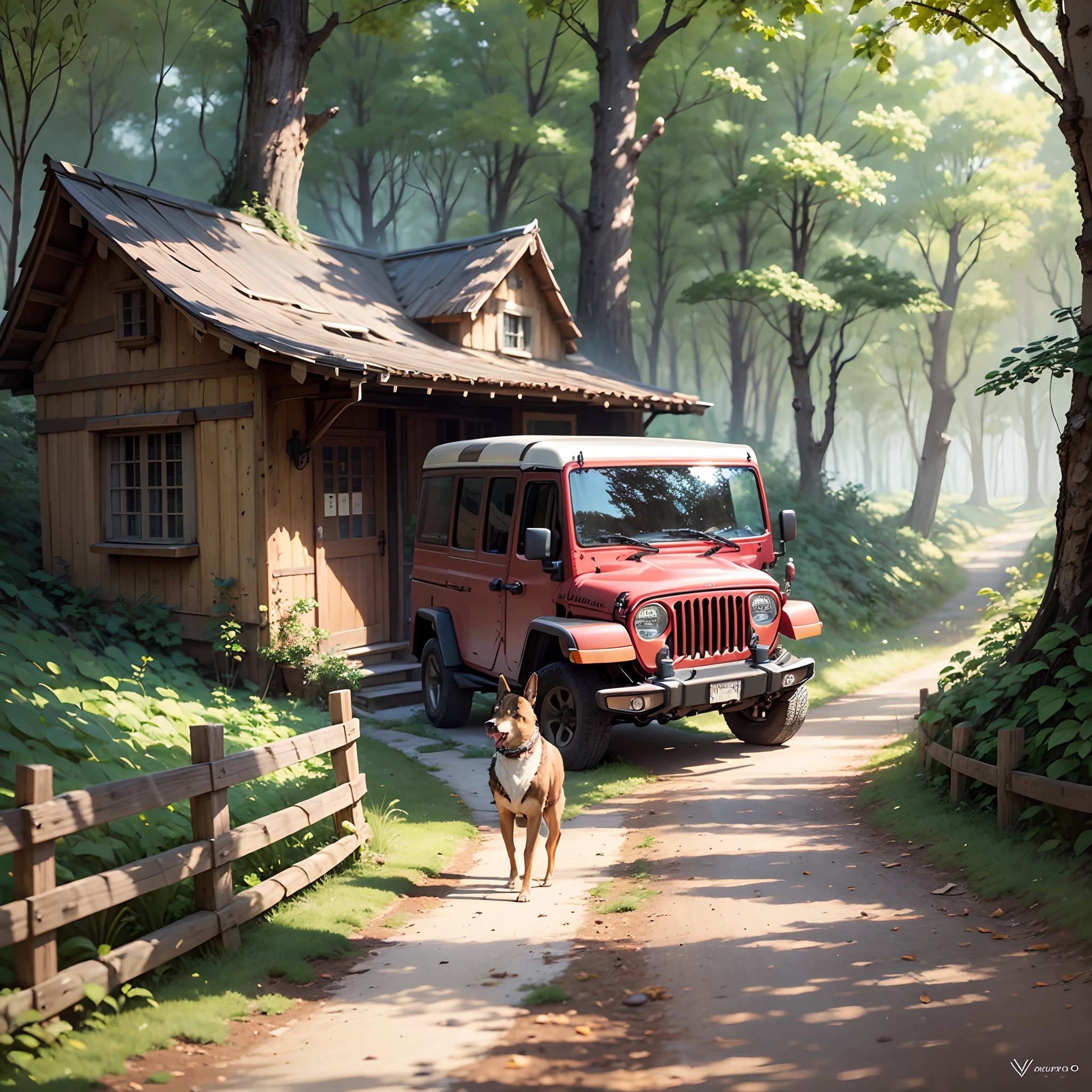 2 cani con un cacciatore, vicino ad una jeep, in una foresta calma, studio ghibli, disegnato a mano --auto --s2