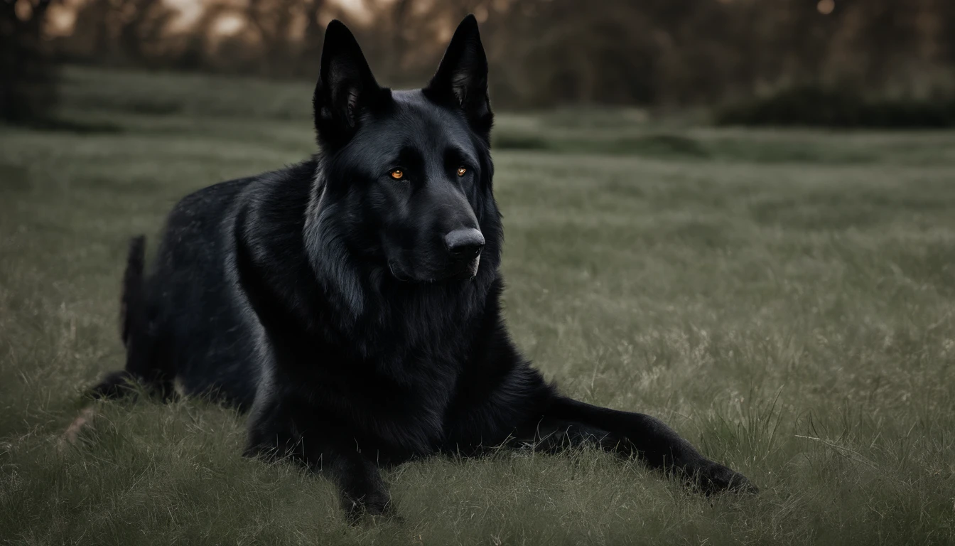 (best quality,4k,8k,highres,masterpiece:1.2),ultra-detailed,(realistic,photorealistic,photo-realistic:1.37),black German Shepherd,detailed fur texture,intense gaze,alert posture,captivating eyes,shiny coat,strong and muscular body,sharp and pointed ears,beautiful canine proportions,big paws,athletic physique,noble and dignified presence,standing on a grassy field,green and lush garden,sunlight filtering through the trees,splashes of vibrant flowers and foliage,deep shadows contrasting with bright highlights,crisp and clear image,professional photography,exquisite attention to detail,stunning color accuracy,vivid and natural color palette,sleek and glossy black fur,subtle hints of brown and tan on the muzzle and legs,piercing and intelligent eyes,emitting a sense of loyalty and bravery,perfectly balanced composition,dynamic and engaging pose,conveys a strong sense of power and confidence,fine lines and intricate patterns in the fur,emphasizing the dog's strong and majestic appearance.