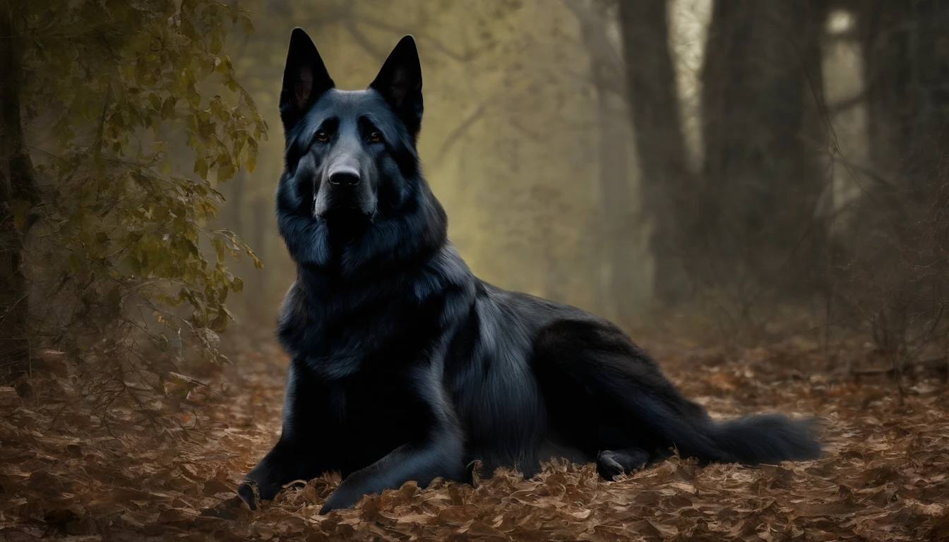 (best quality,4k,8k,highres,masterpiece:1.2),ultra-detailed,(realistic,photorealistic,photo-realistic:1.37),black German Shepherd,detailed fur texture,intense gaze,alert posture,captivating eyes,shiny coat,strong and muscular body,sharp and pointed ears,beautiful canine proportions,big paws,athletic physique,noble and dignified presence,standing on a grassy field,green and lush garden,sunlight filtering through the trees,splashes of vibrant flowers and foliage,deep shadows contrasting with bright highlights,crisp and clear image,professional photography,exquisite attention to detail,stunning color accuracy,vivid and natural color palette,sleek and glossy black fur,subtle hints of brown and tan on the muzzle and legs,piercing and intelligent eyes,emitting a sense of loyalty and bravery,perfectly balanced composition,dynamic and engaging pose,conveys a strong sense of power and confidence,fine lines and intricate patterns in the fur,emphasizing the dog's strong and majestic appearance.