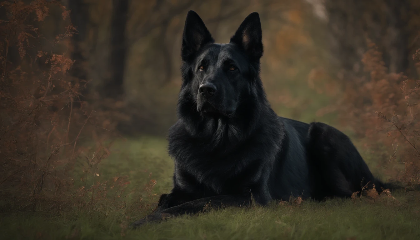 (best quality,4k,8k,highres,masterpiece:1.2),ultra-detailed,(realistic,photorealistic,photo-realistic:1.37),black German Shepherd,detailed fur texture,intense gaze,alert posture,captivating eyes,shiny coat,strong and muscular body,sharp and pointed ears,beautiful canine proportions,big paws,athletic physique,noble and dignified presence,standing on a grassy field,green and lush garden,sunlight filtering through the trees,splashes of vibrant flowers and foliage,deep shadows contrasting with bright highlights,crisp and clear image,professional photography,exquisite attention to detail,stunning color accuracy,vivid and natural color palette,sleek and glossy black fur,subtle hints of brown and tan on the muzzle and legs,piercing and intelligent eyes,emitting a sense of loyalty and bravery,perfectly balanced composition,dynamic and engaging pose,conveys a strong sense of power and confidence,fine lines and intricate patterns in the fur,emphasizing the dog's strong and majestic appearance.