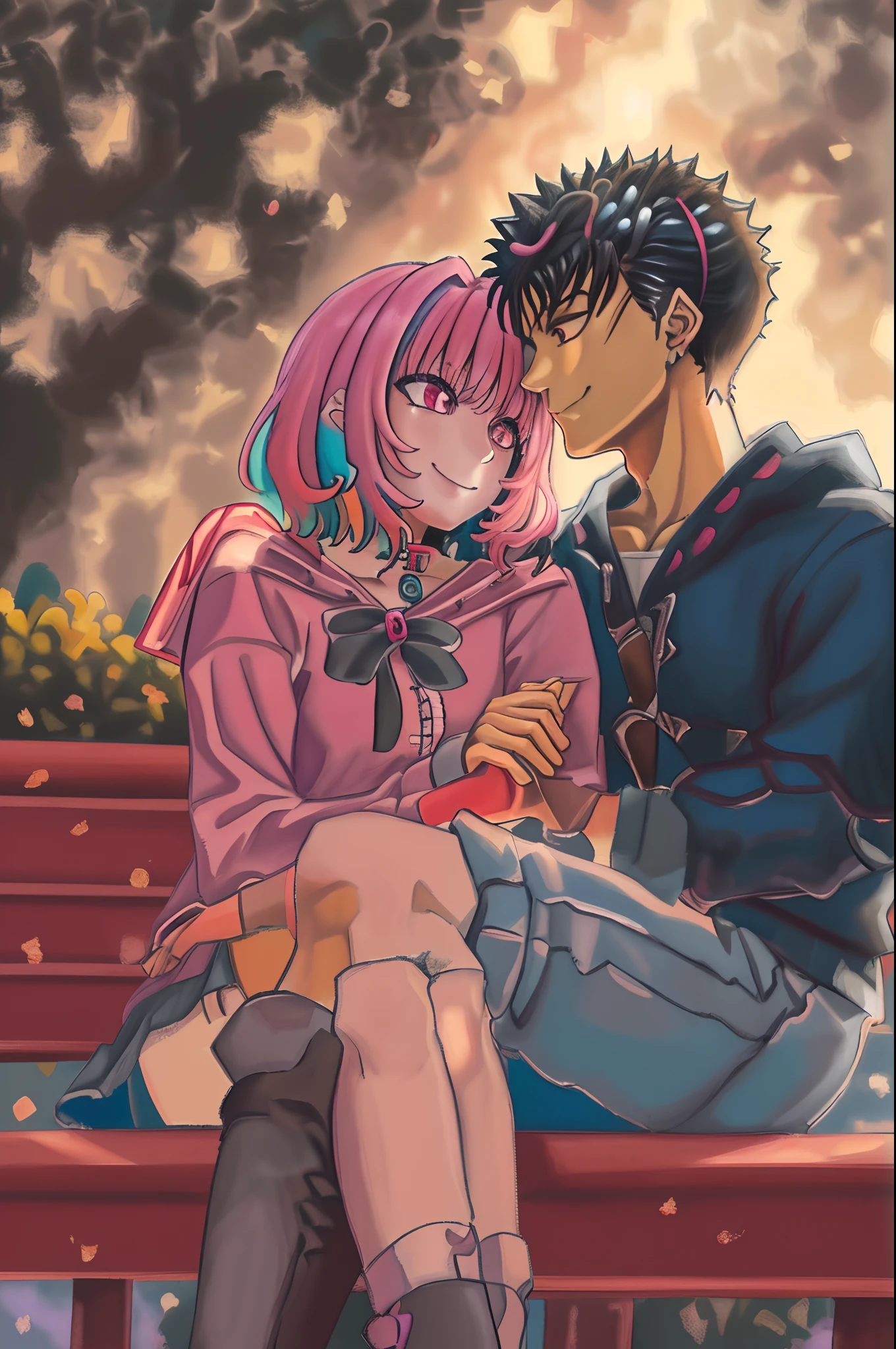 riamu,guts,couple,husband and wife,love dovey couple,sitting,hug,kiss,smile,(best quality,4k,8k,highres,masterpiece:1.2),mega-detailed,(,1.37),portraits,vivid colors,warm tones,soft lighting