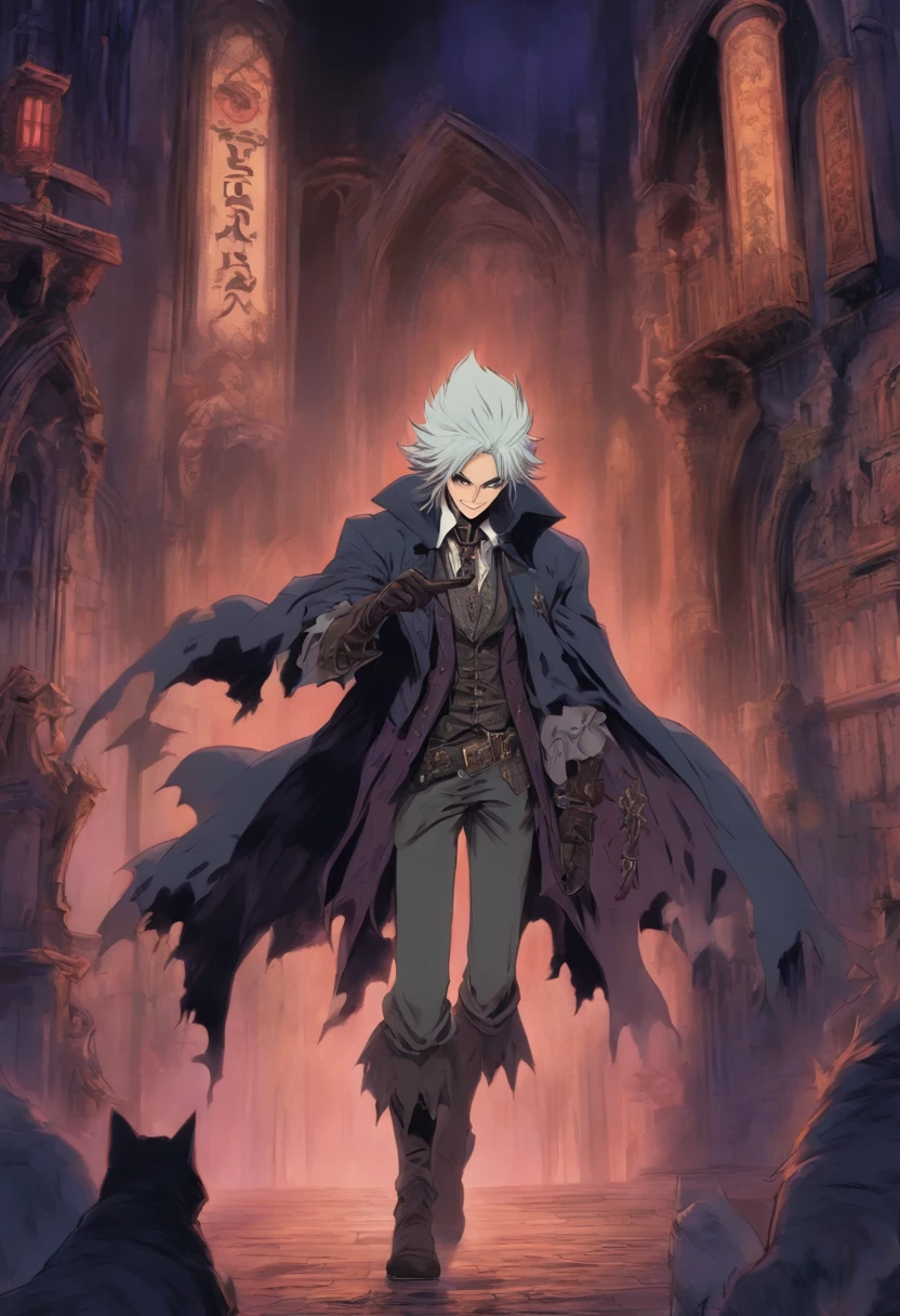 a white haired vampire, he has a victorian outfit like bloodborne, he is pointing a gun at the camera, he is smiling at camera, 80s anime, retro fashion, dungeon and dragons character dark fantasy digital art muted pastel colors, muted retro colors, CRT tv display by Tsukasa Hojo and Toshihiro Kawamoto --ar 3:2