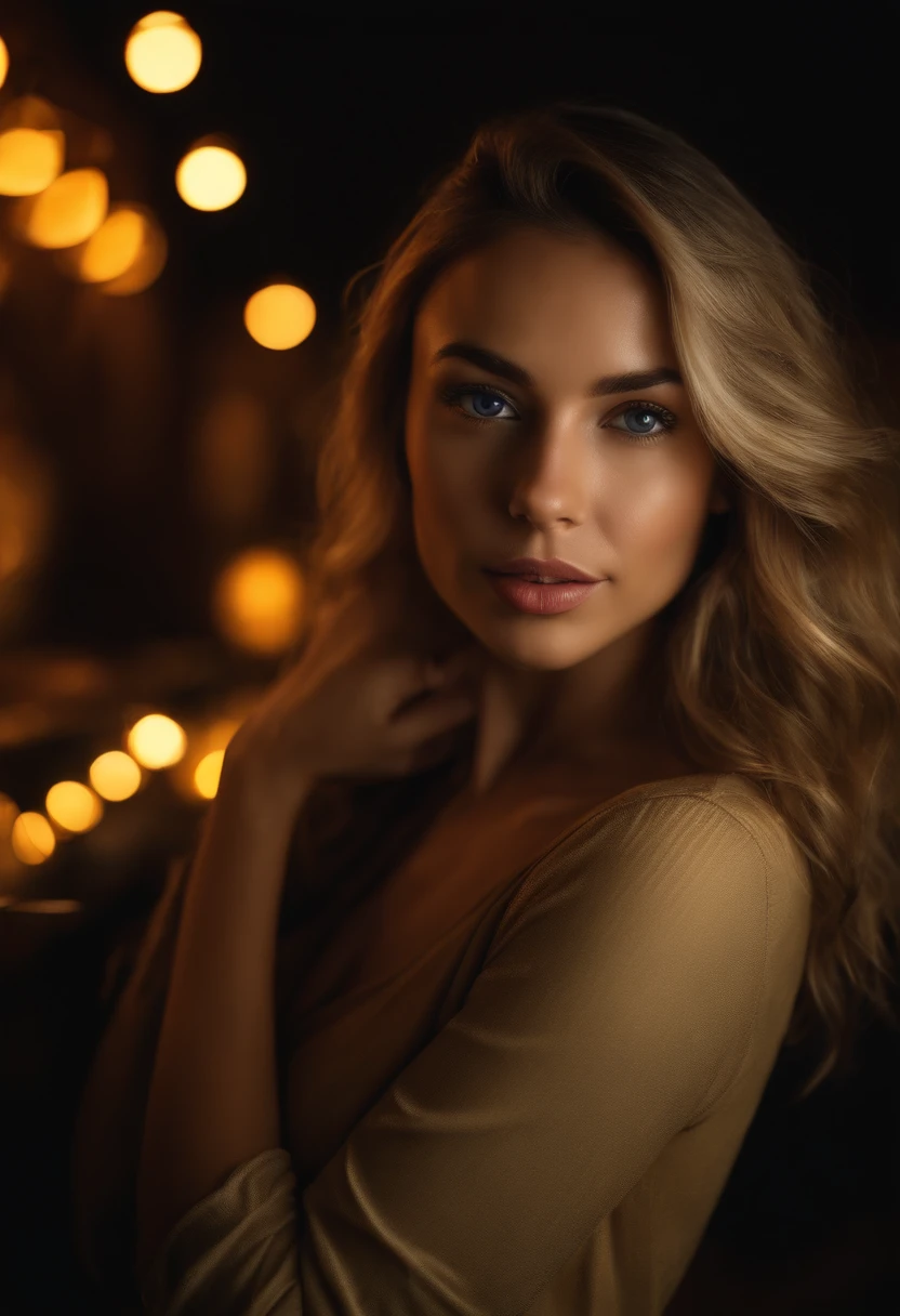 (selfie shot, from above: 1.4), (full-body portrait: 1.4), 24-year-old blonde (blue-eyed woman) walking in a bar RAW uhd portrait photo, natural breast_b, on the bed, (yellow sundress), (crack), detailed (texture!, hair!, shine, color!!, flaws: 1.1), highly detailed glowing eyes, (looking at camera), specular light, dslr, extreme quality, sharp focus, sharp, dof, Film grain, (centered), Fujifilm XT3, crystal clear, center of frame, cute face, sharp focus, street lamp, neon lights, bokeh, (dark light), low key, night, (night sky ) detailed skin pores, oil Dark skin, brown, complex eye details, zoom out