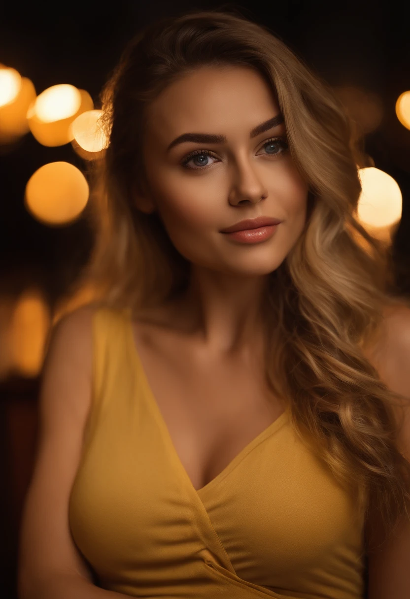 (selfie shot, from above: 1.4), (full-body portrait: 1.4), 24-year-old blonde (blue-eyed woman) walking in a bar RAW uhd portrait photo, natural breast_b, on the bed, (yellow sundress), (crack), detailed (texture!, hair!, shine, color!!, flaws: 1.1), highly detailed glowing eyes, (looking at camera), specular light, dslr, extreme quality, sharp focus, sharp, dof, Film grain, (centered), Fujifilm XT3, crystal clear, center of frame, cute face, sharp focus, street lamp, neon lights, bokeh, (dark light), low key, night, (night sky ) detailed skin pores, oil Dark skin, brown, complex eye details, zoom out