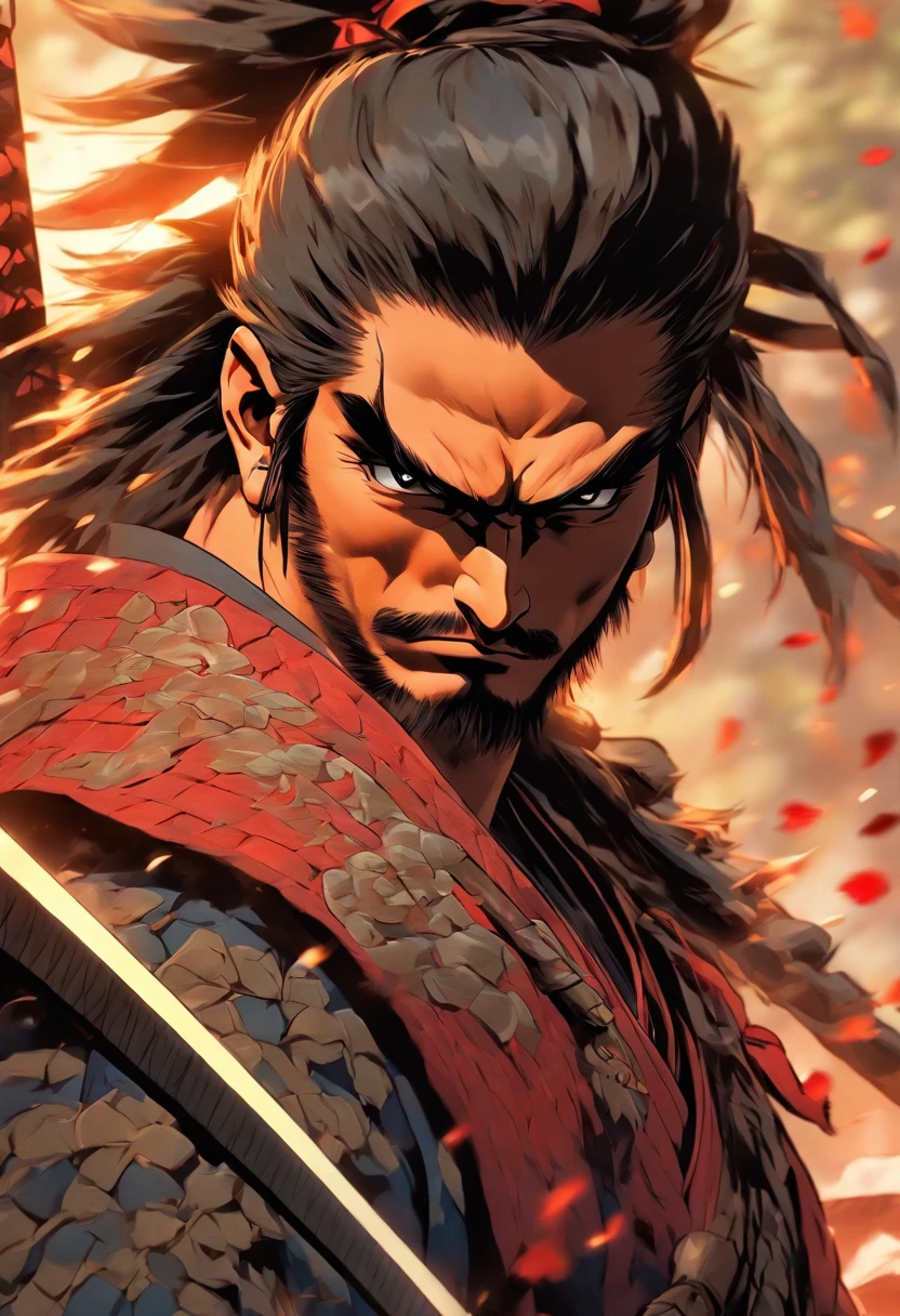 Human male samurai portrait with classic samurai hair and a katana of dungeons and dragons
