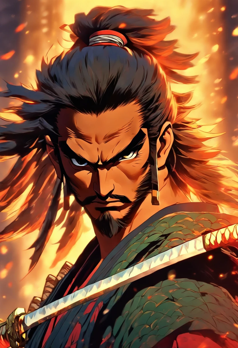 Human male samurai portrait with classic samurai hair and a katana of dungeons and dragons