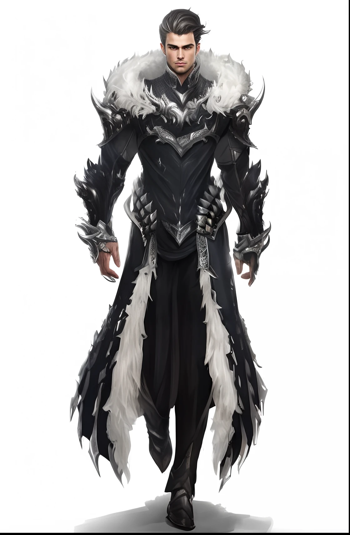 a attractive sophisticated male character dressed in a black and white outfit, demonic dragon scaled inspired garments armor, very stylish fantasy armor, new costume concept design, intricate costume design, detailed full body concept art, dark soul noble robes attire concept, complex fantasy character, dark fantasy character design, beautiful detailed full body concept, (Extremely Detailed), (Best Illustration), (Beautiful and Detailed Eyes), (Best Quality), (Ultra Detailed), (Masterpiece ), ( wallpaper), (detailed face), solo, a attractive male with I streak of white silver through his hair (realistic, photo-realistic:1.37), (insanely detailed:1.3), 8k, (masterpiece), (best quality:1.4), (ultra high res:1.2), (RAW photo:1.2), professional lighting, cinematic realism