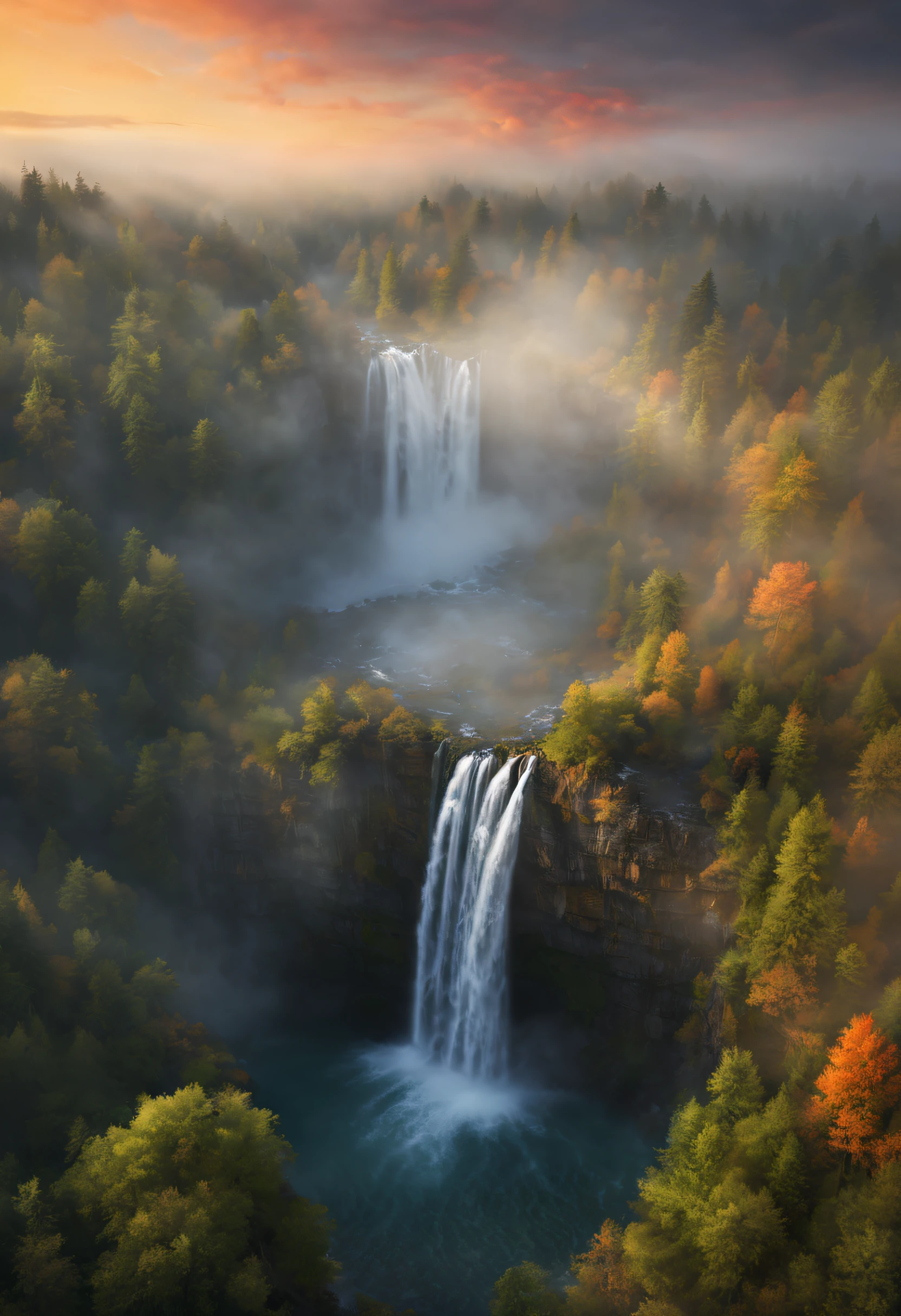 (best quality,4k, highly detailed:1.2), realistic image, landscape photography, waterfall, drone shots, RAW, log file, colors, sunsets, fog and mist, ultra-fine details, studio lighting