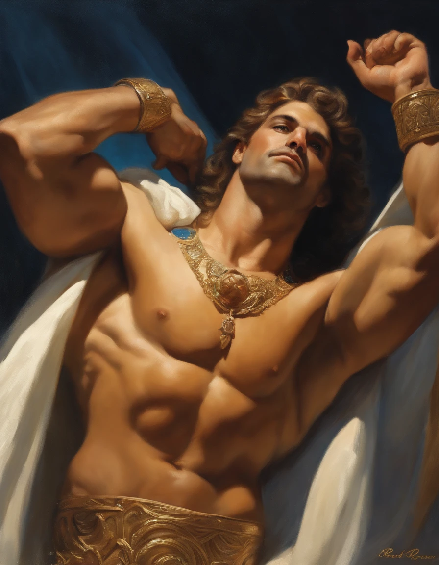 Retrato de um Deus poderoso e robusto e elegantee liberando todos os seus poderes, pintura digital no estilo de Robert Liberace, Dynamic action poses of robust Zeus, God of Young Thunder, deus grego, cabelos escuros, macho, bem jovem, Handsome, parte superior do corpo, sem camisa, shirtless, musculoso, torso peludo, fantasia, intrincado, elegante, altamente detalhado, pintura digital, Art Station, arte conceitual, macio, foco nítido, illustration, arte por Robert Liberace, Gaston Bussiere e Alphonse Mucha, Klimt, Art Deco