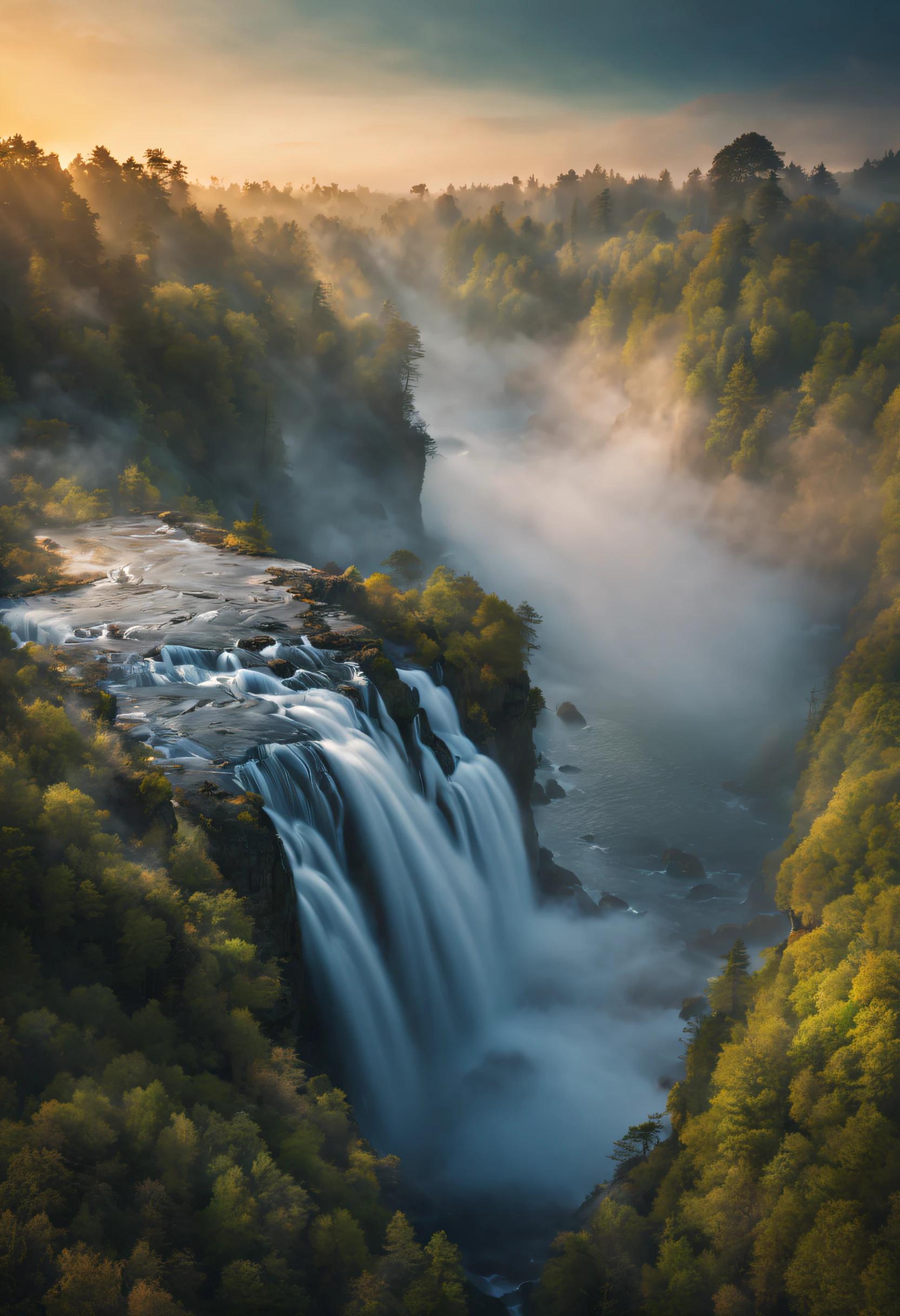 (best quality,4k, highly detailed:1.2), realistic image, landscape photography, waterfall, drone shots, RAW, log file, colors, sunsets, fog and mist, ultra-fine details, studio lighting