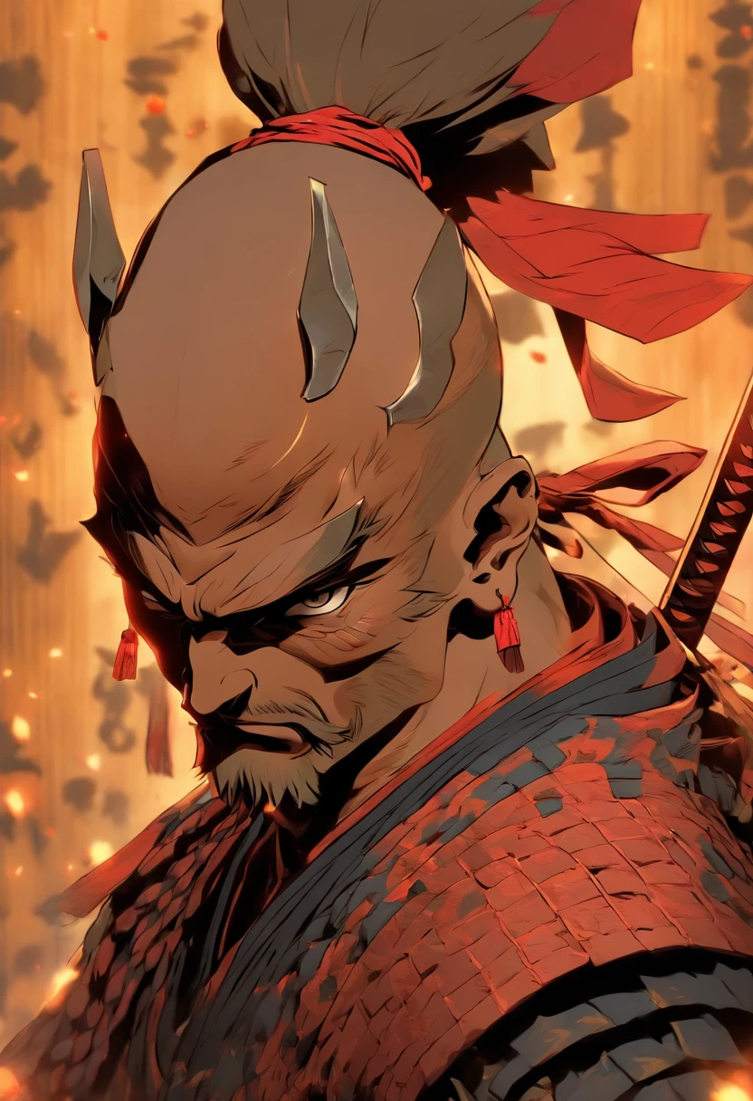 Bald human male samurai portrait with samurai tail and a katana of dungeons and dragons