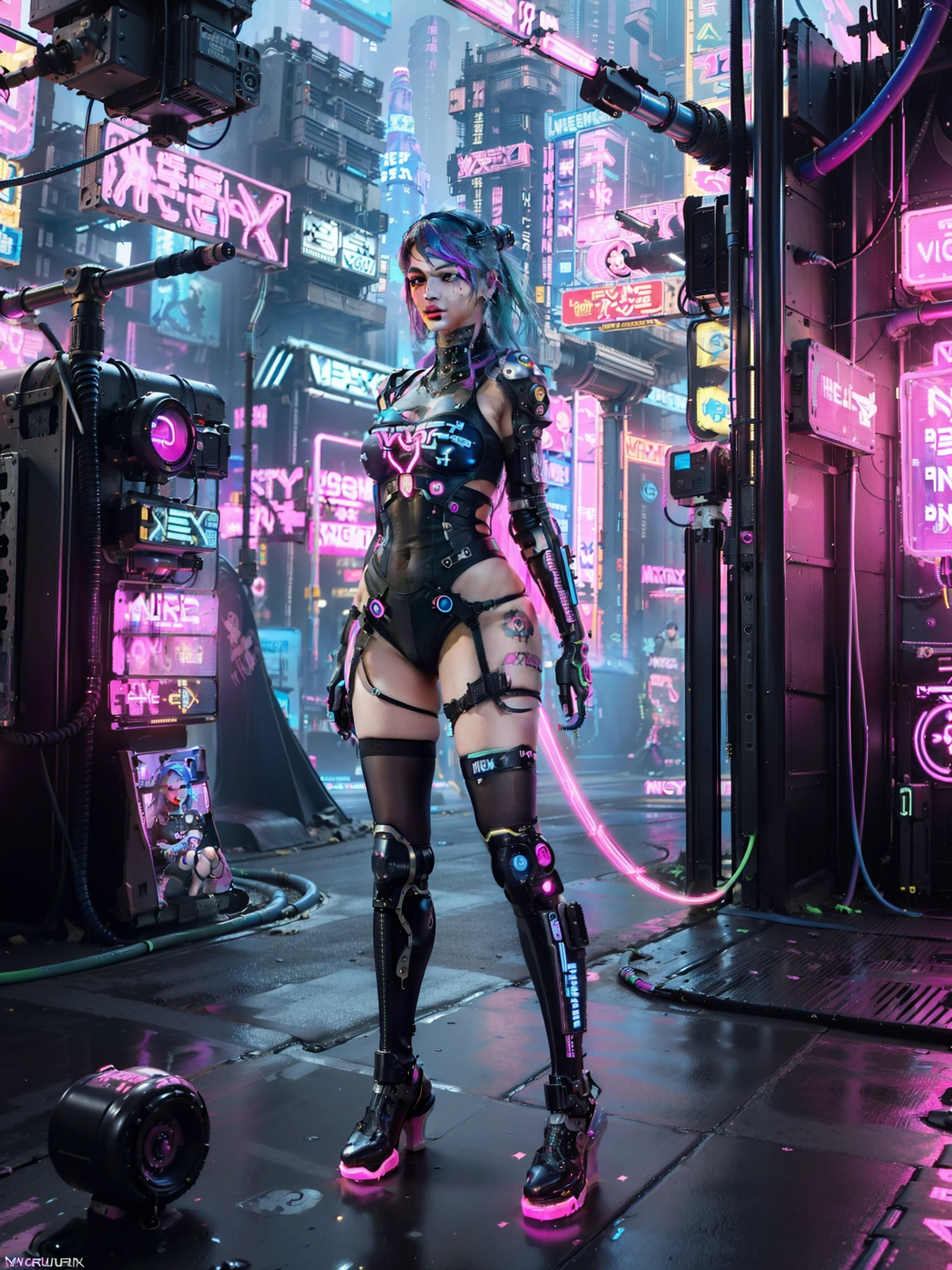 (masterpiece, top quality, best quality, official art, beautiful and aesthetic:1.2),(1 Sofia Boutella cyberpunk girl:1.4),((cowboy shot)),([pink|blue] hair:1.5),extreme detailed,(fractal art:1.3),(colorful:1.5), ((highly detailed face)), hyper detailed,(Mechanical modification:1.3),(modification:1.2),Maiden,(complex mechanical conduit is inserted into the back:1.5),(neon background:1.4),(neon city:1.75),night,large breasts, thigh gap, camel toe, (gothic_****ta:1.2),high heels,(:0.75),makeup,blush,(cyberpunk:1.4),((looking at viewer:1.3))