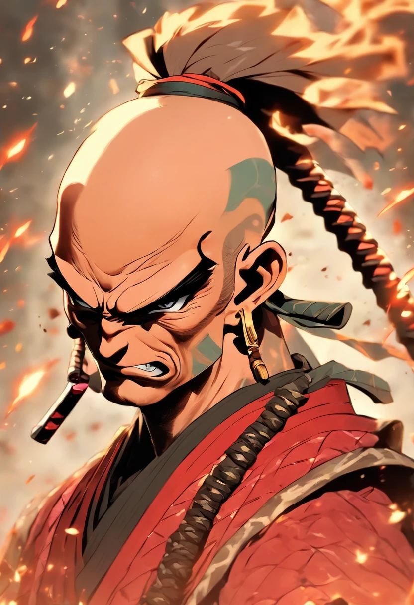 Bald human male samurai portrait with hair tied back and a katana of dungeons and dragons