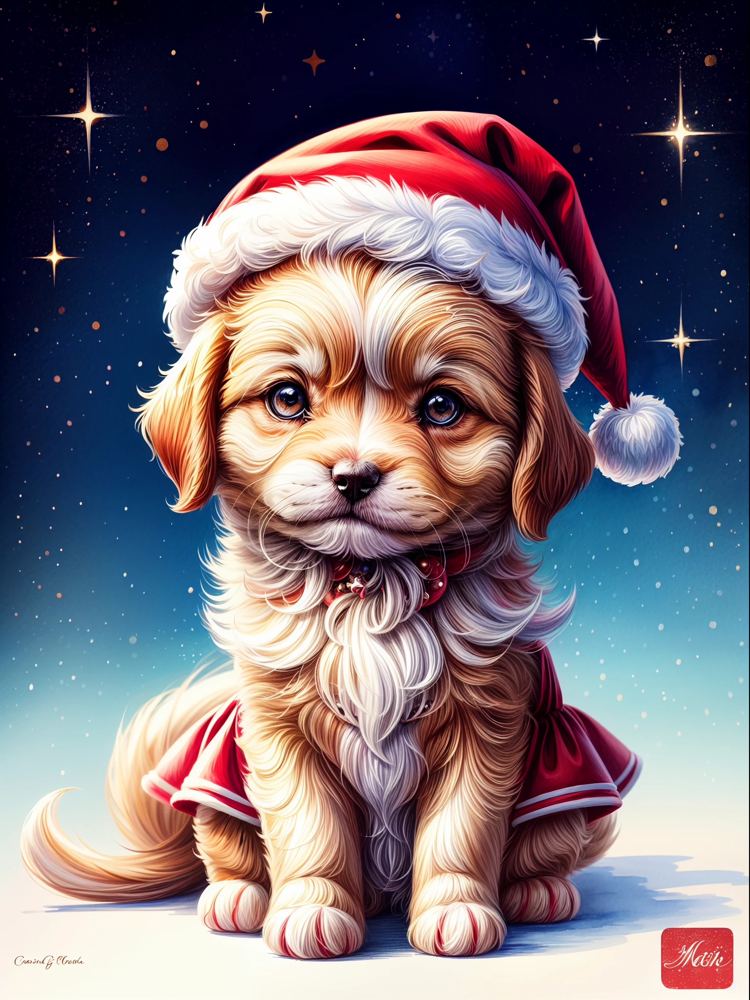 Extremely cute kawaii chibi puppy dog in Santa Claus hat, detailed beautiful eyes, Christmas theme style, centered, complete, character illustration, intricate details ultra high quality, award winning painting 8k extremely high definition, hand painted, watercolor painting, broad strokes, colorful, high shine, high res, greeting card style, white background