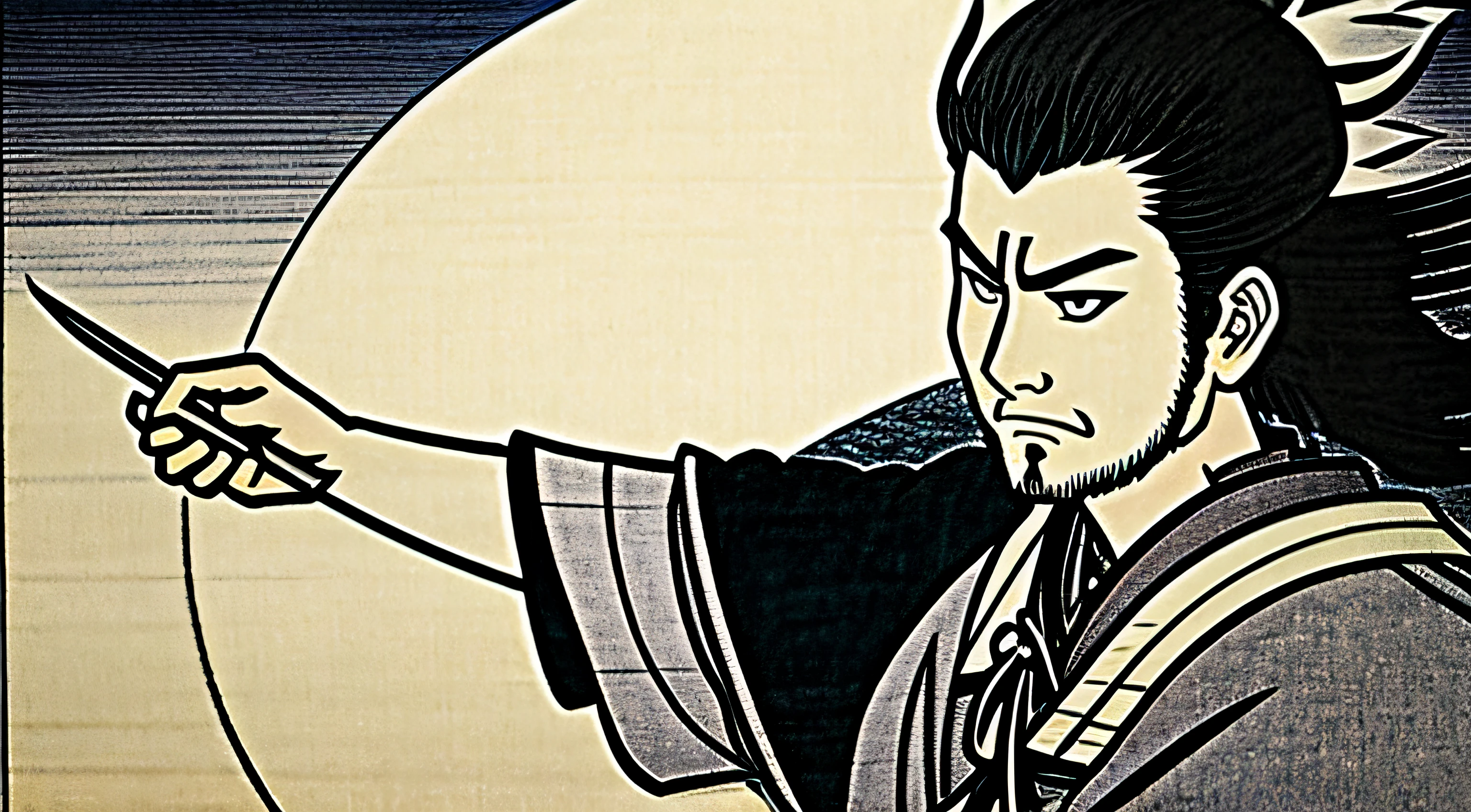 Miyamoto Musashi with large moon in the background, manga style drawing, Studio Ghibli