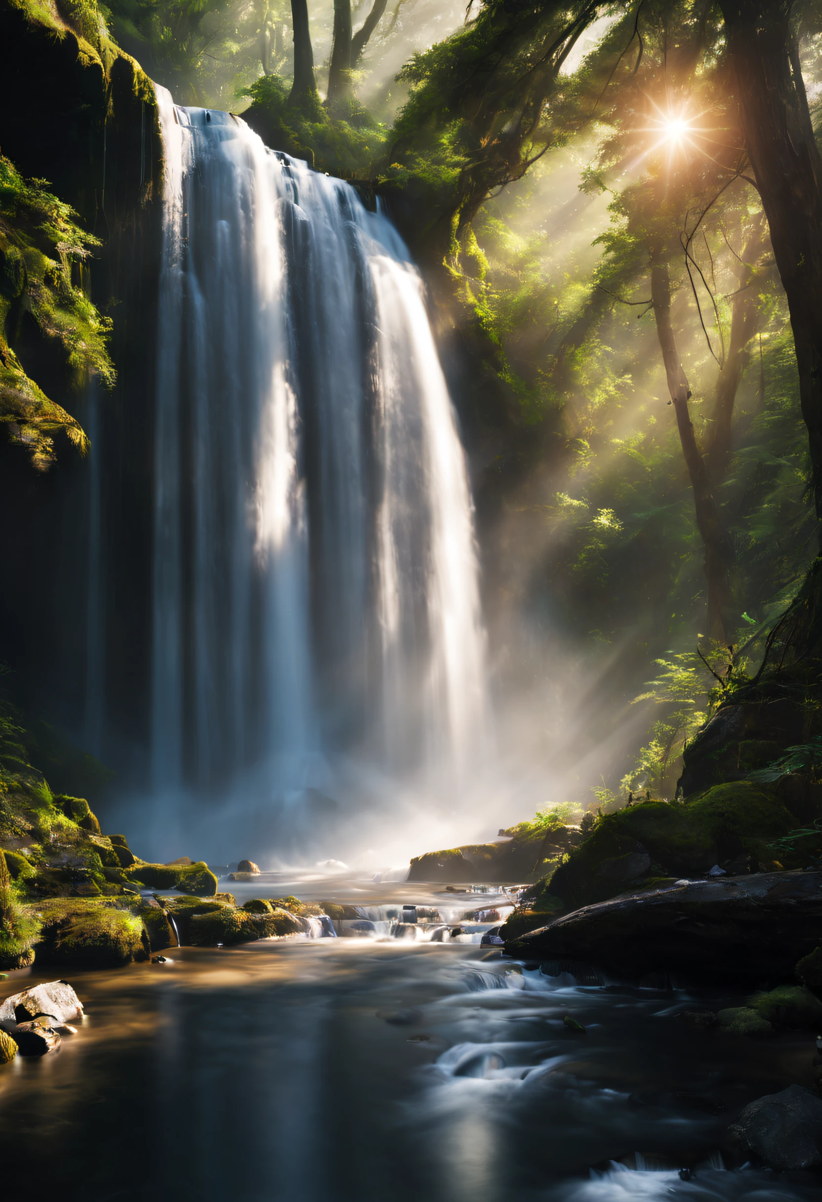 A beautiful photography of waterfall inside the forest, highly detail, realistic image, cinematic, landscape photography, natural lighting, long exposure.