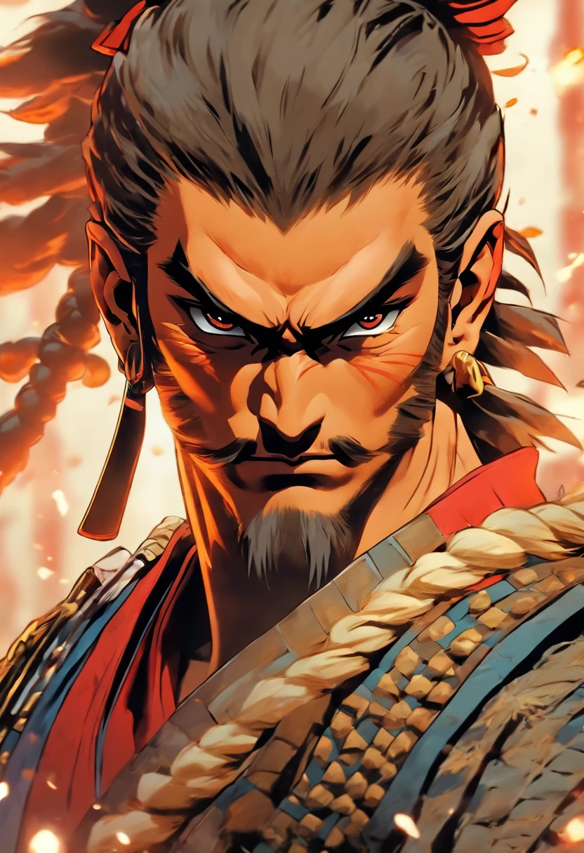 Human male samurai portrait with entrances with hair tied dungeons and dragons