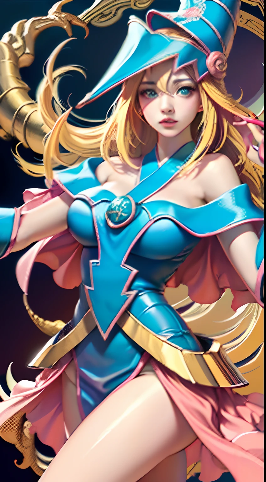 (obra maestra:1.2), (La mejor calidad:1.2), Perfect lighting, Chica Maga Oscura lanzando un hechizo, en batalla, Fight a red-skinned dragon.In his twenties, flotando en el aire, tetas medianas visibles, escote transparente, blue robe, sombrero grande, desde arriba, Destellos, Yugioh juego, The magic of the heart. LIGHTS OF THE HEART, Romantic heart. Dragon Battle