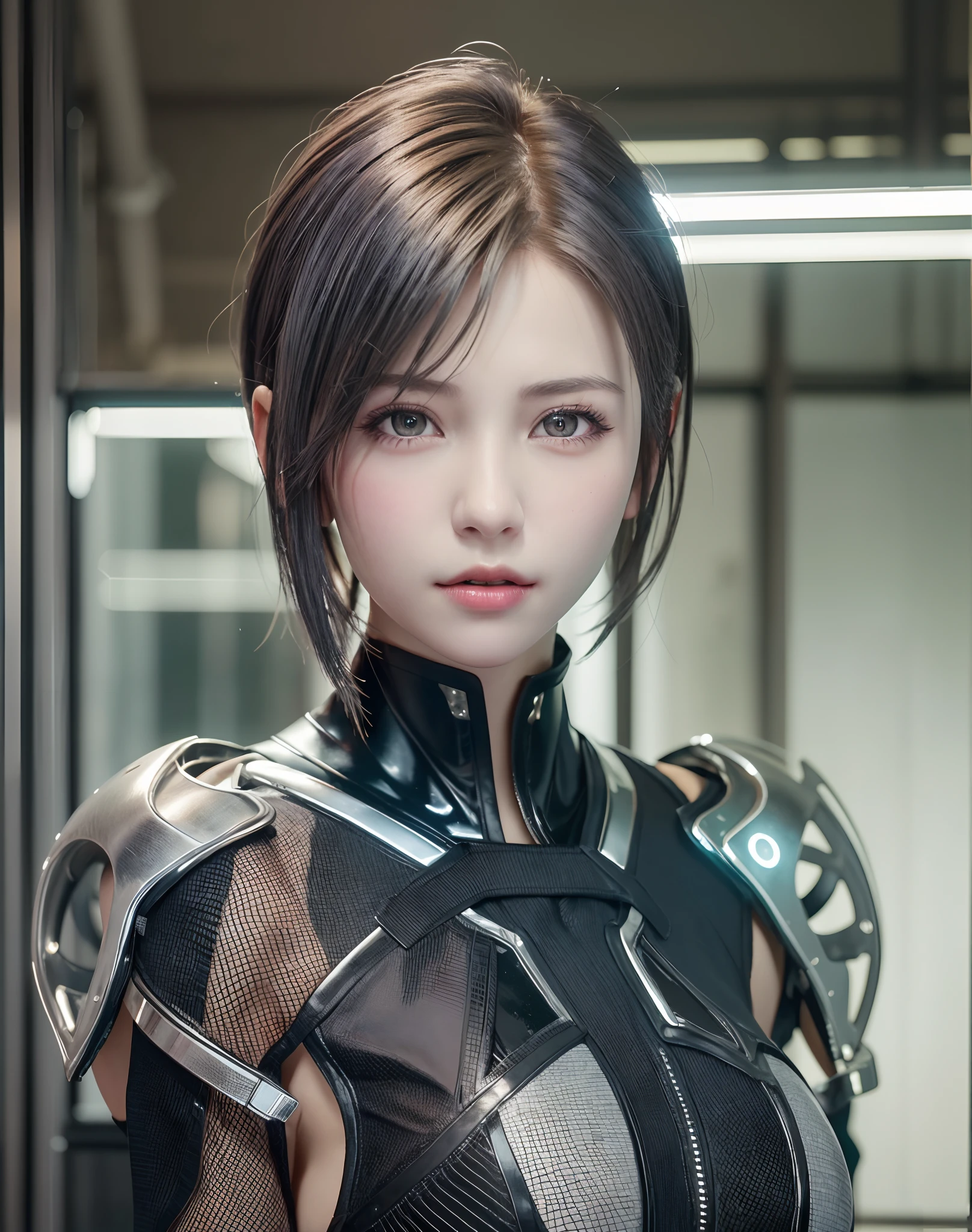 (8K, Photorealistic, Raw photo, of the highest quality: 1.3), (1girl in), Super beautiful, (Realistic face), (boyish, Silver Color Berry Shorthair), Beautiful cyberpunk suit, Glare that captivates the viewer, Beautiful expression, Beautiful breasts, (Realistic skin), Beautiful...