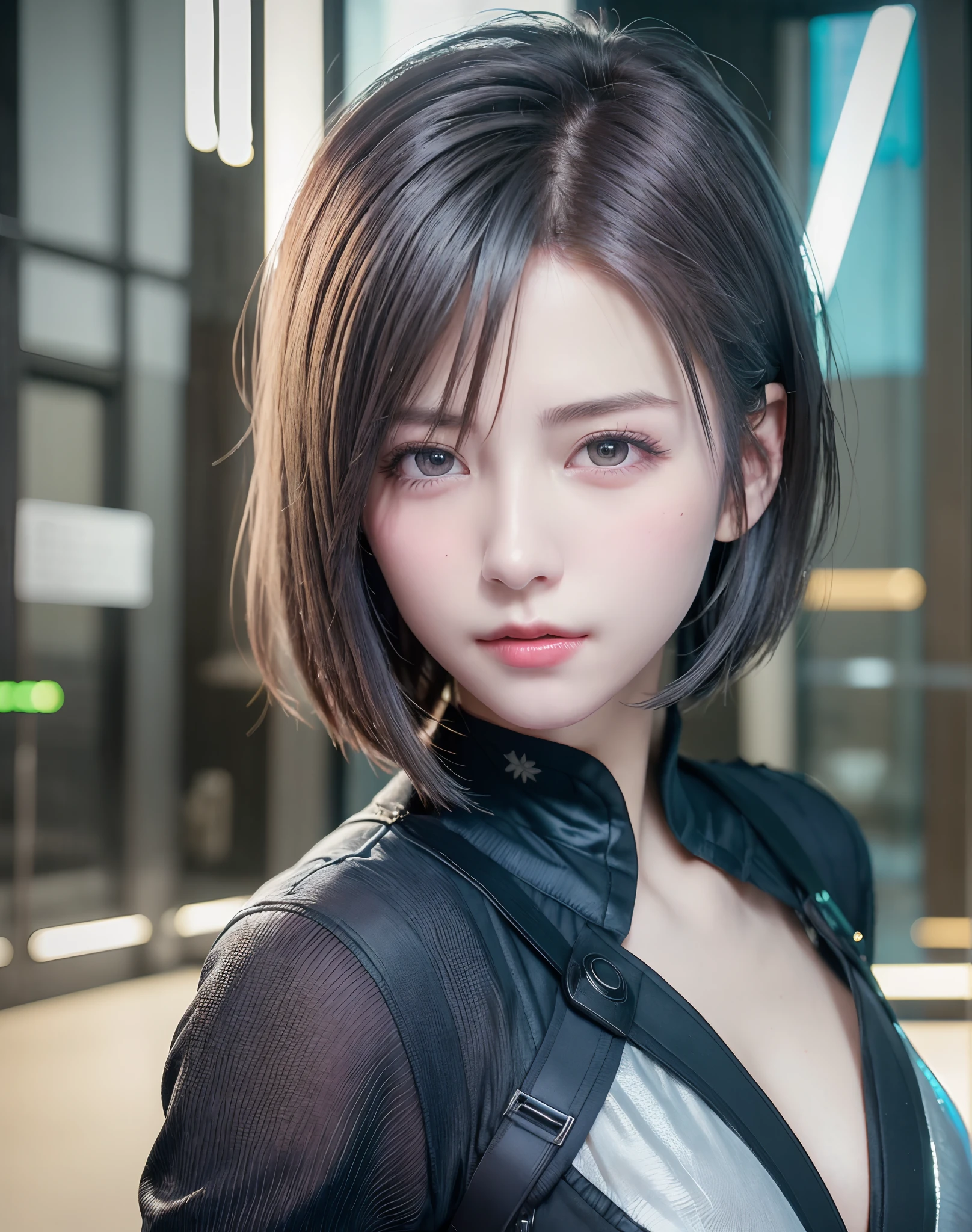 (8K, Photorealistic, Raw photo, of the highest quality: 1.3), (1girl in), Super beautiful, (Realistic face), (boyish, Silver Color Berry Shorthair), Beautiful cyberpunk suit, Glare that captivates the viewer, Beautiful expression, Beautiful breasts, (Realistic skin), Beautiful...
