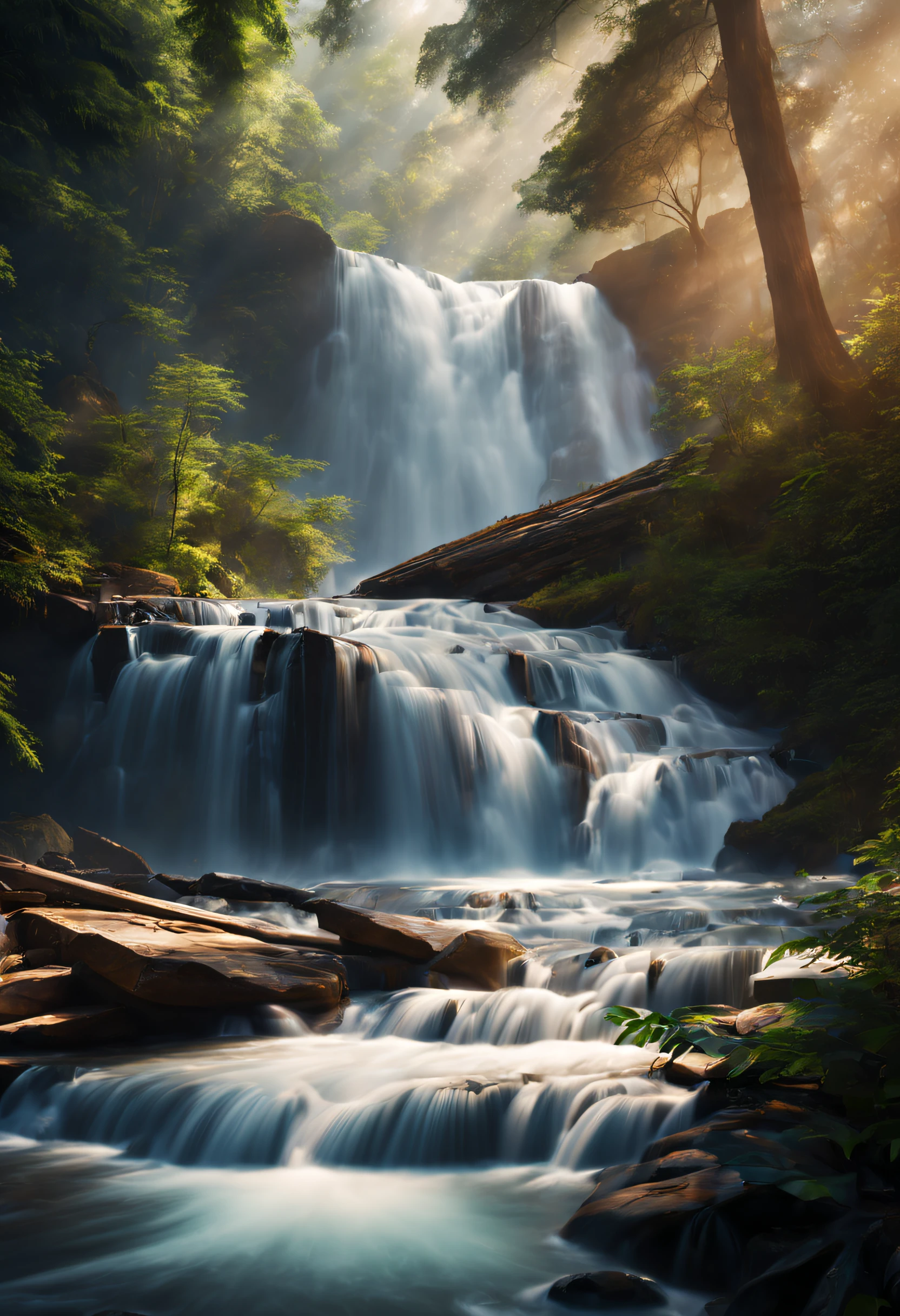 A beautiful photography of waterfall inside the forest, highly detail, realistic image, cinematic, landscape photography, natural lighting, long exposure.